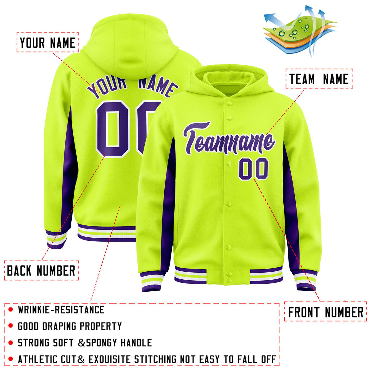 Custom Neon Green Purple Color Block Varsity Full-Snap Letterman Jacket Hoodie| KXKSHOP