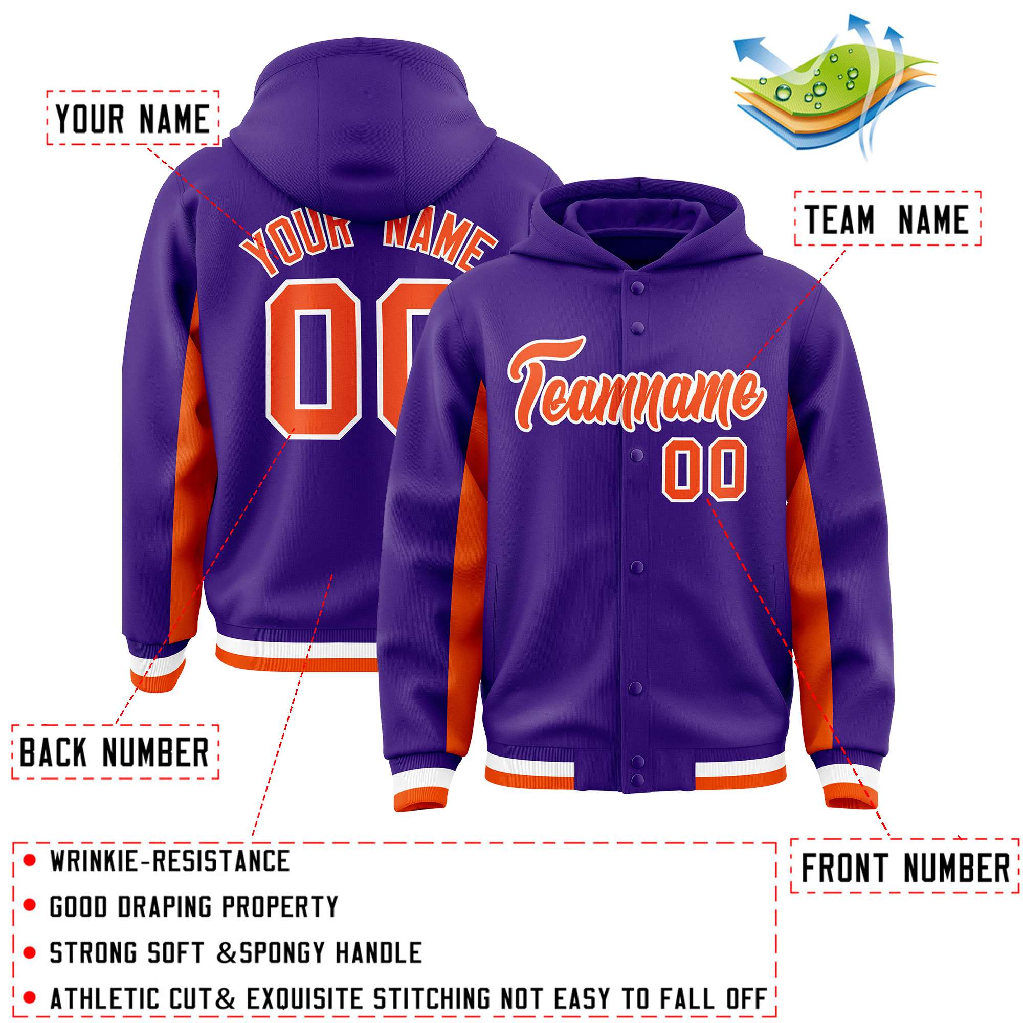 Custom Purple Orange Color Block Varsity Full-Snap Letterman Jacket Hoodie| KXKSHOP