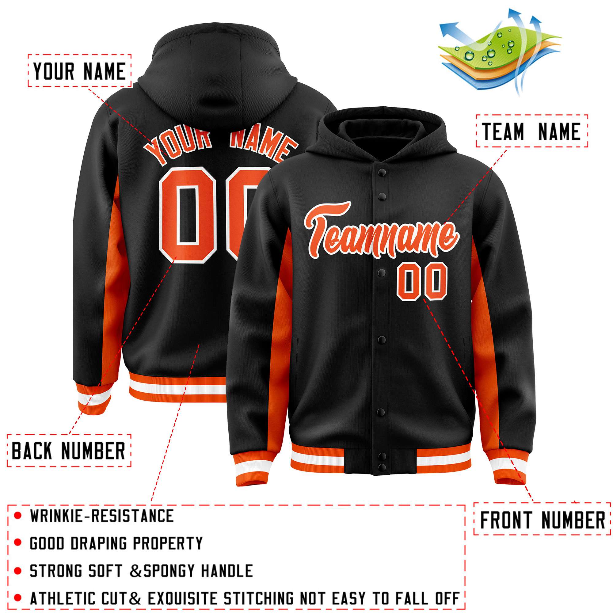Custom Black Orange Color Block Varsity Full-Snap Letterman Jacket Hoodie| KXKSHOP