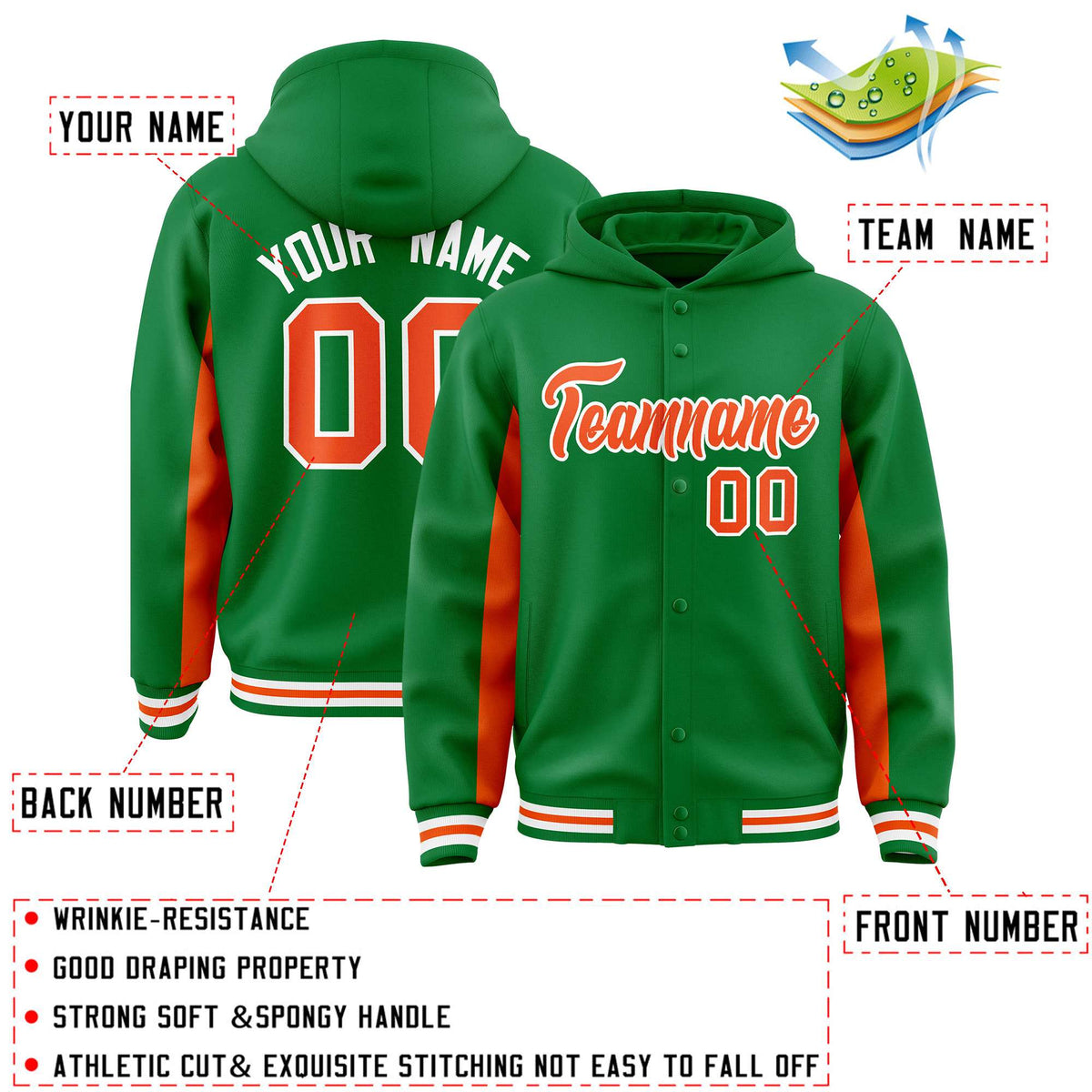 Custom Kelly Green Orange Color Block Varsity Full-Snap Letterman Jacket Hoodie| KXKSHOP