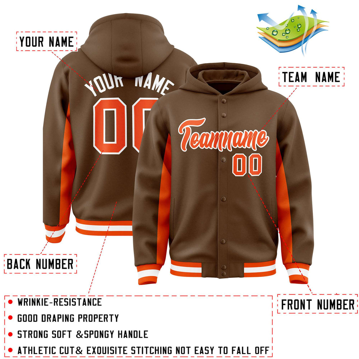 Custom Light Brown Orange Color Block Varsity Full-Snap Letterman Jacket Hoodie| KXKSHOP