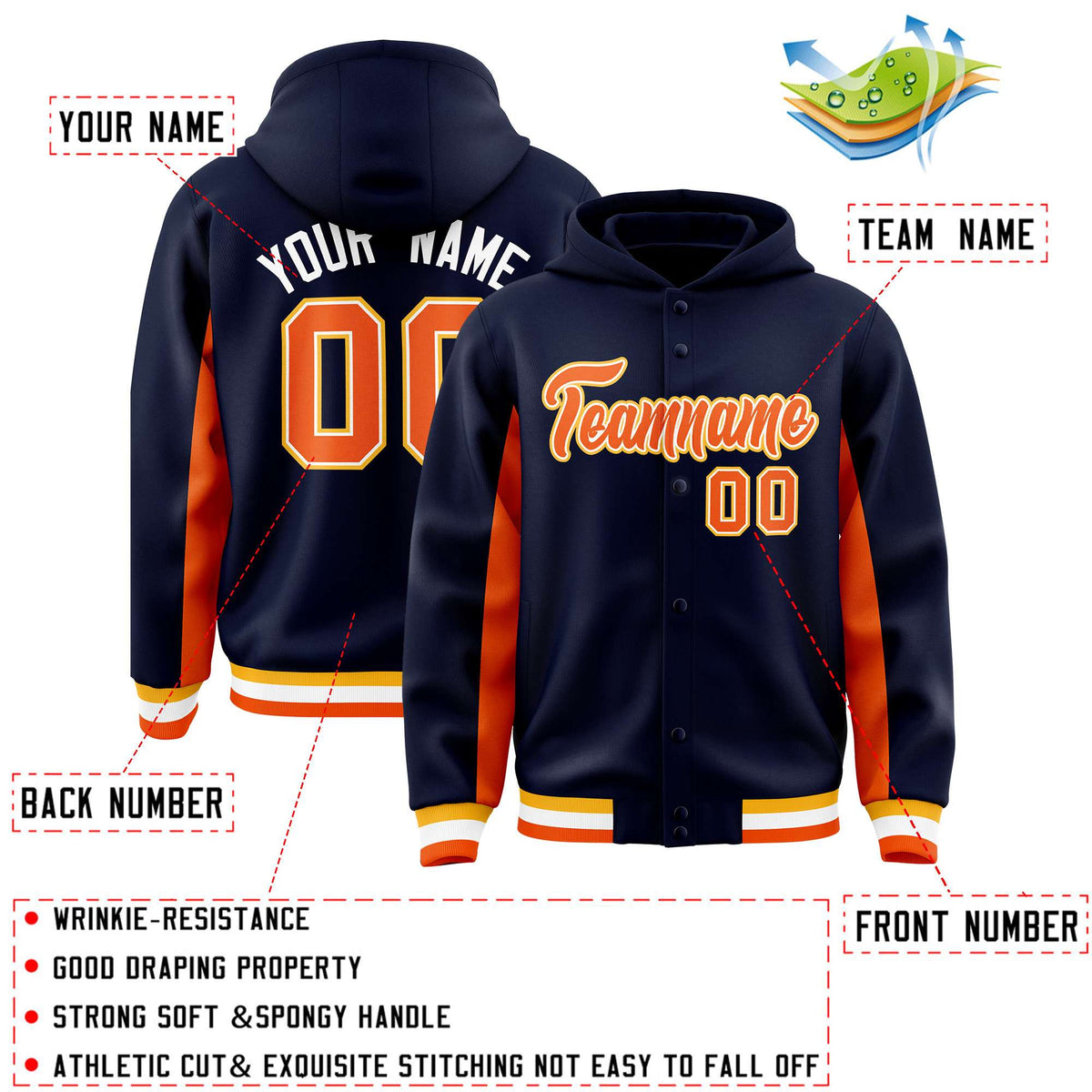 Custom Navy Orange Color Block Varsity Full-Snap Letterman Jacket Hoodie| KXKSHOP