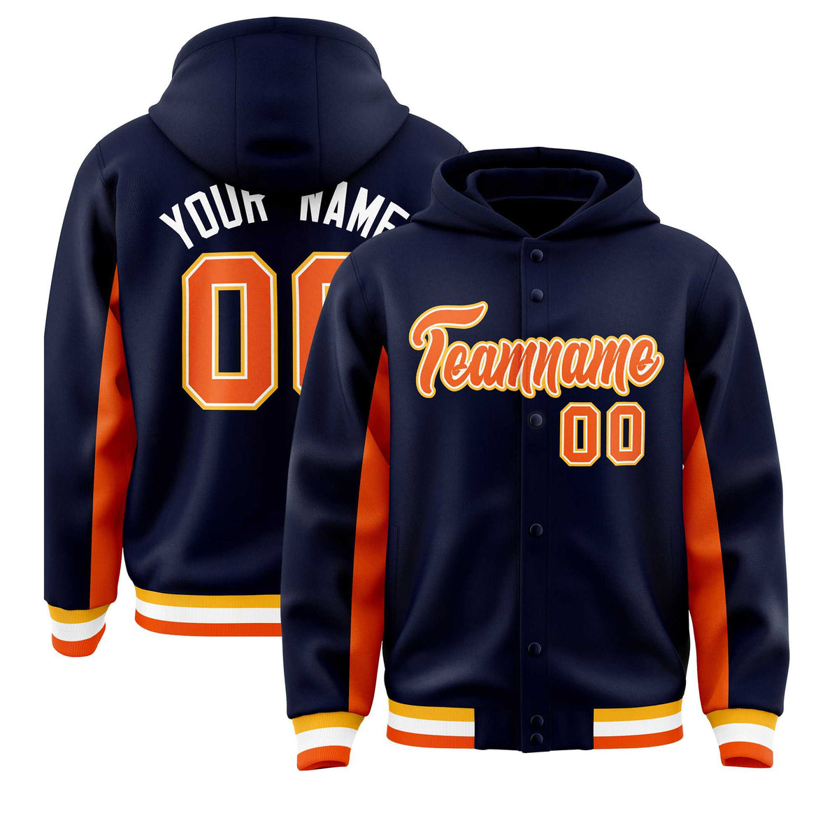 Custom Navy Orange Color Block Varsity Full-Snap Letterman Jacket Hoodie| KXKSHOP