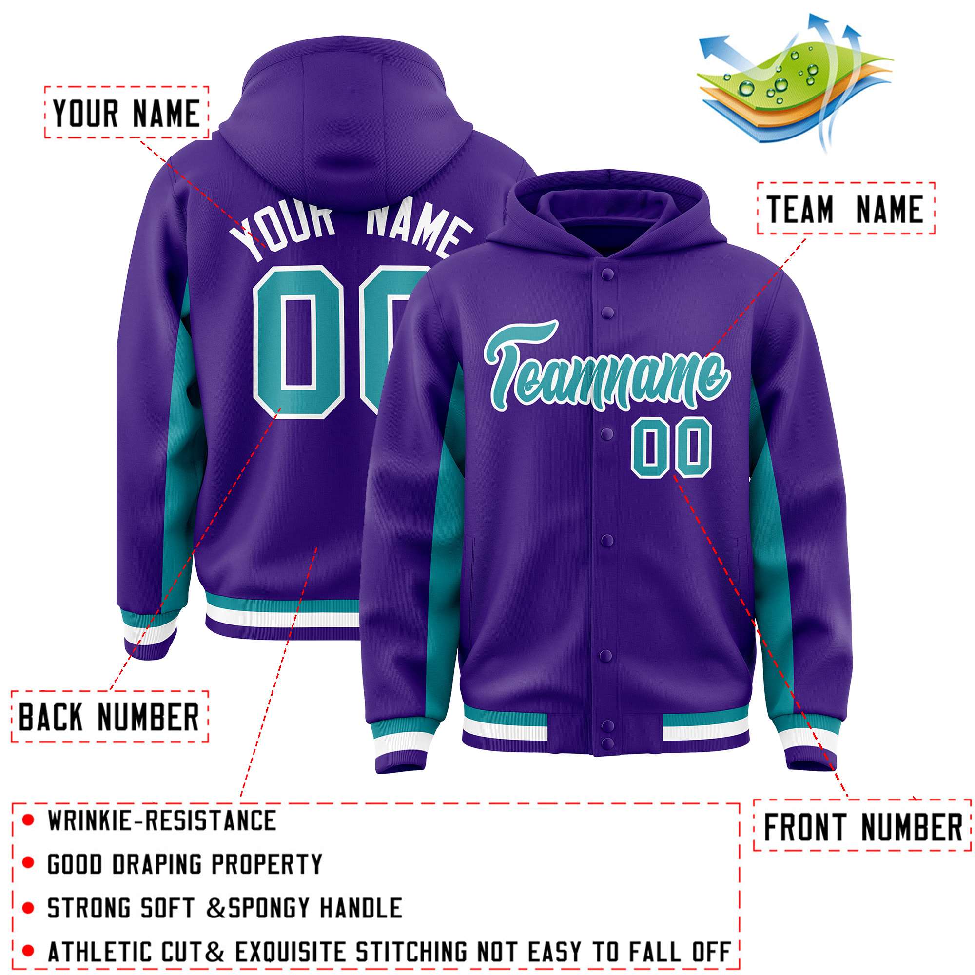 Custom Purple Aqua Color Block Varsity Full-Snap Letterman Jacket Hoodie| KXKSHOP