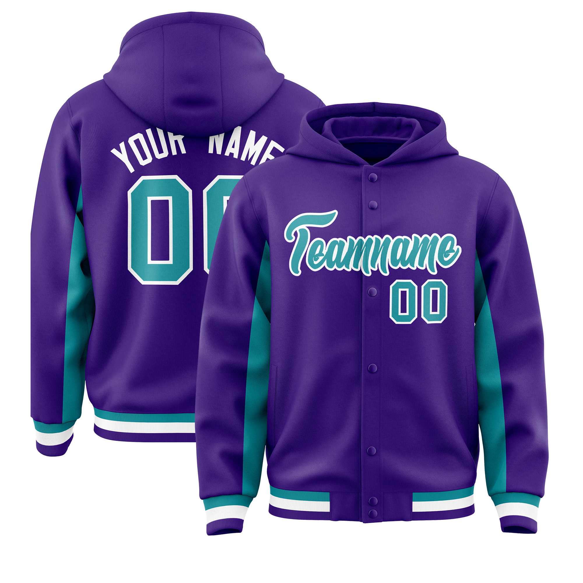 Custom Purple Aqua Color Block Varsity Full-Snap Letterman Jacket Hoodie| KXKSHOP