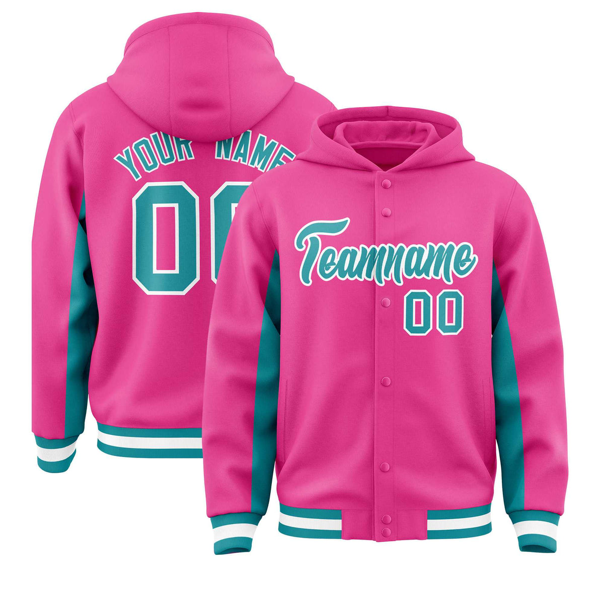 Custom Pink Aqua Color Block Varsity Full-Snap Letterman Jacket Hoodie| KXKSHOP