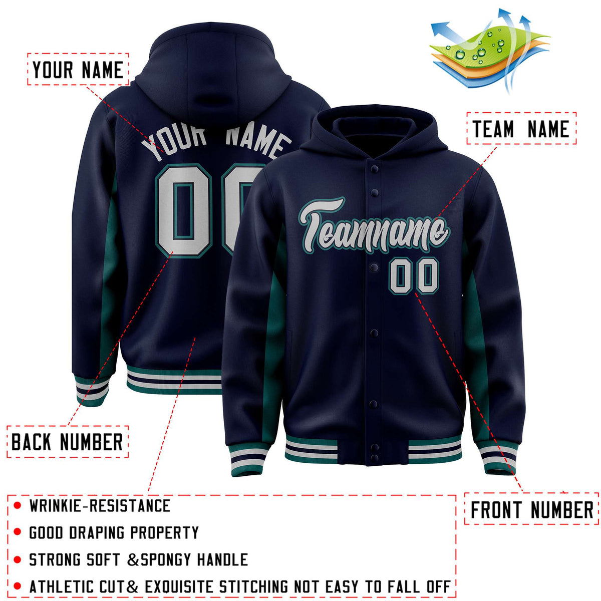 Custom Navy Aqua Color Block Varsity Full-Snap Letterman Jacket Hoodie| KXKSHOP