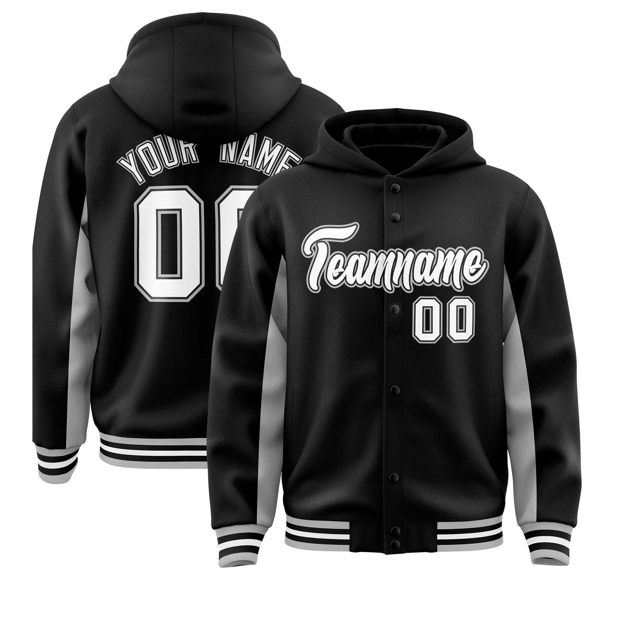 Custom Black Gray Color Block Varsity Full-Snap Letterman Jacket Hoodie| KXKSHOP