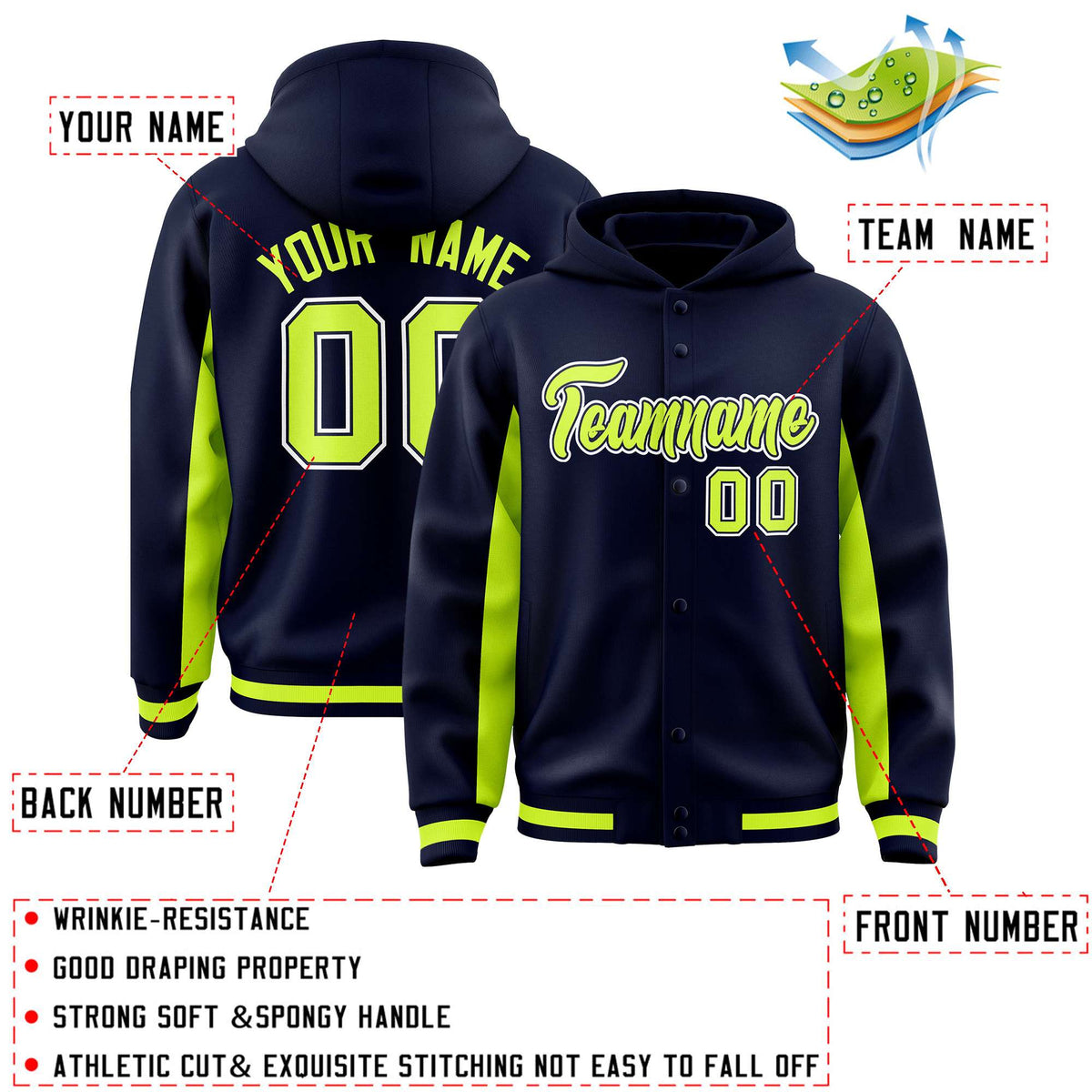 Custom Navy Neon Green Color Block Varsity Full-Snap Letterman Jacket Hoodie| KXKSHOP