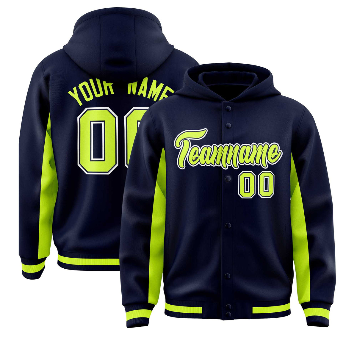 Custom Navy Neon Green Color Block Varsity Full-Snap Letterman Jacket Hoodie| KXKSHOP