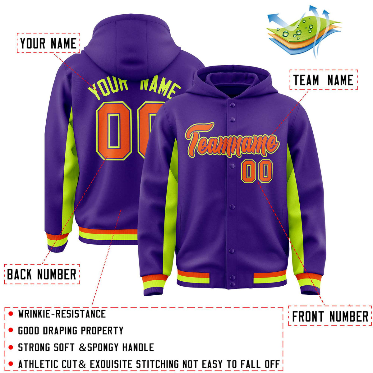 Custom Purple Neon Green Color Block Varsity Full-Snap Letterman Jacket Hoodie| KXKSHOP