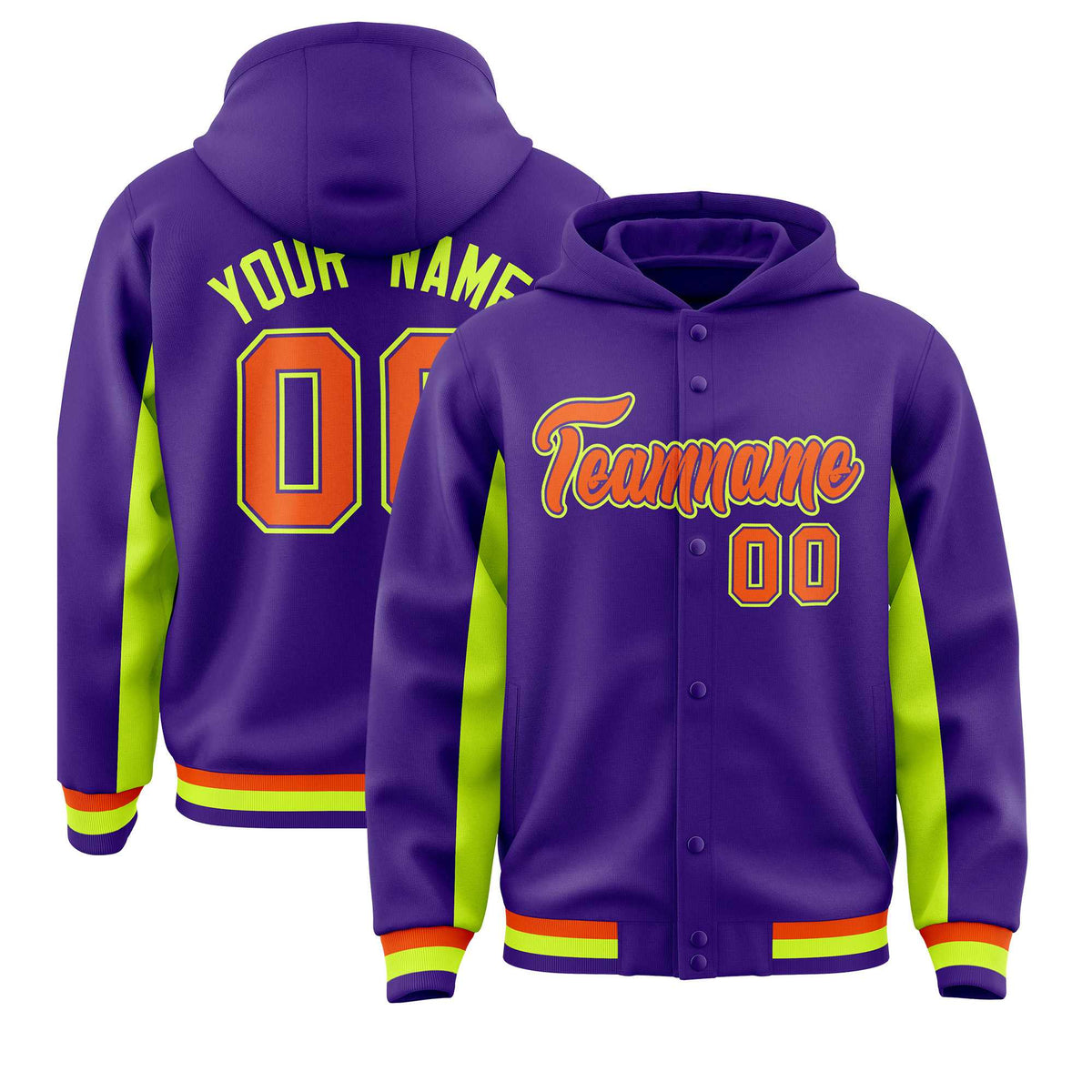 Custom Purple Neon Green Color Block Varsity Full-Snap Letterman Jacket Hoodie| KXKSHOP