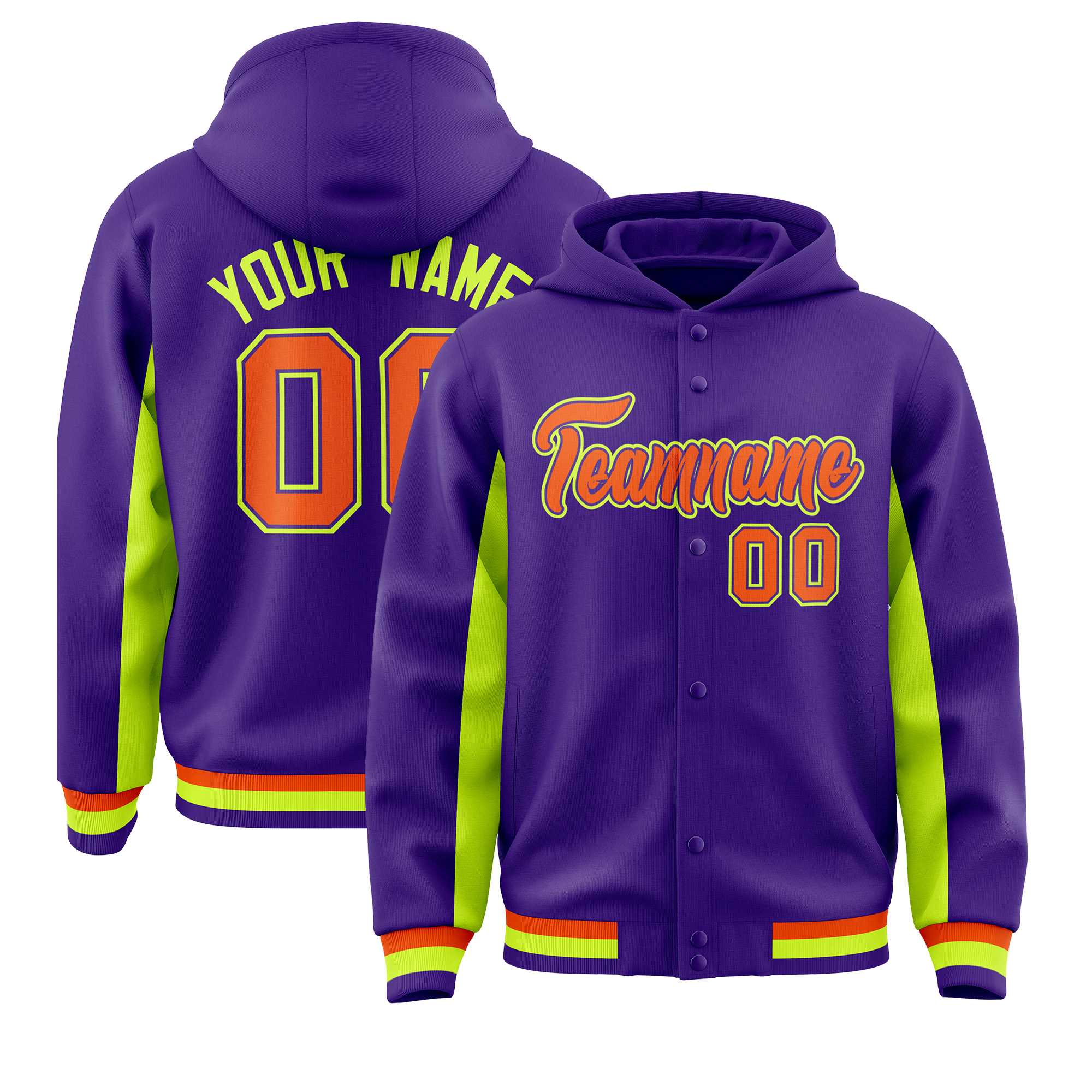 Custom Purple Neon Green Color Block Varsity Full-Snap Letterman Jacket Hoodie| KXKSHOP
