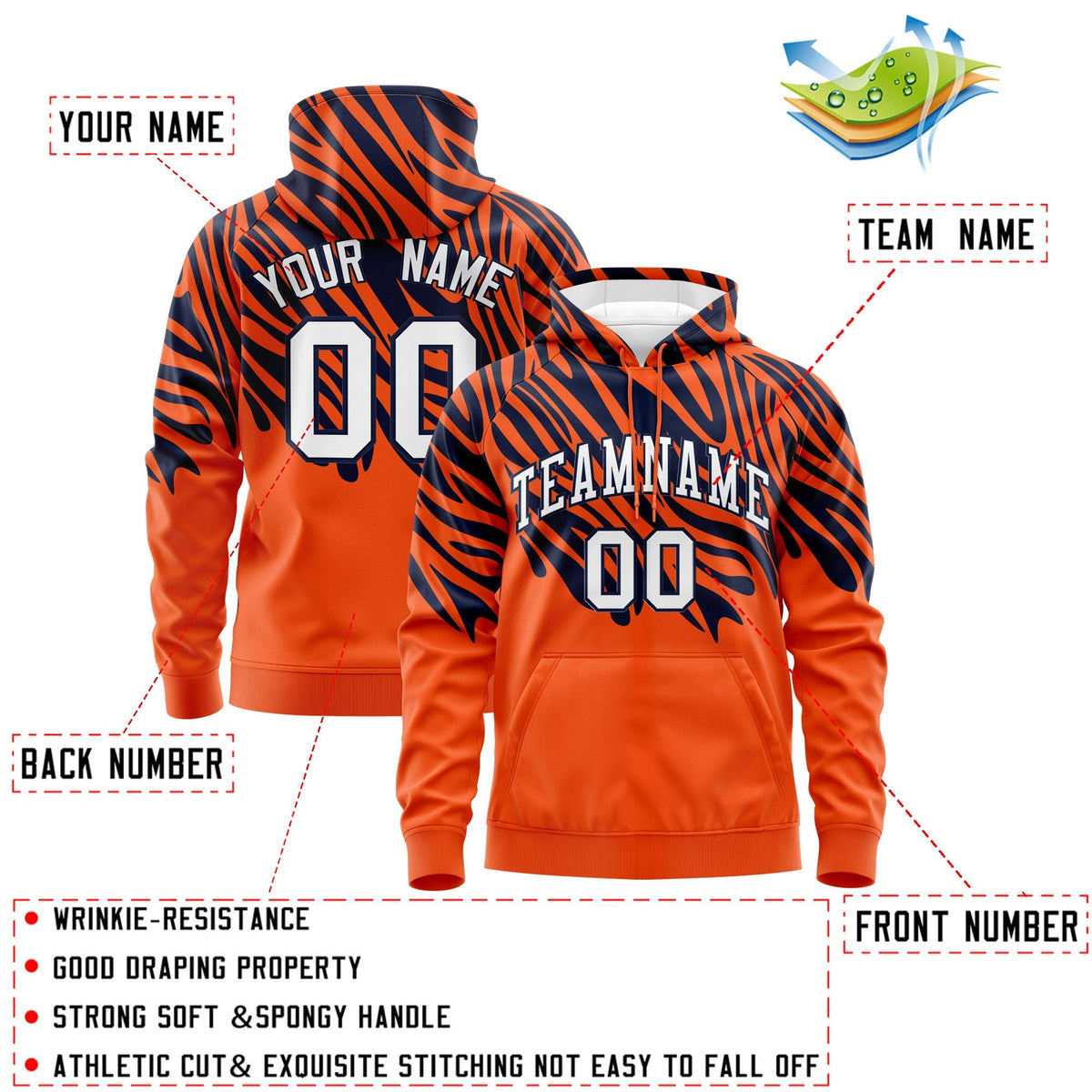 Custom Navy Orange Leopard Print Pullover Sweatshirt Hoodie| KXKSHOP