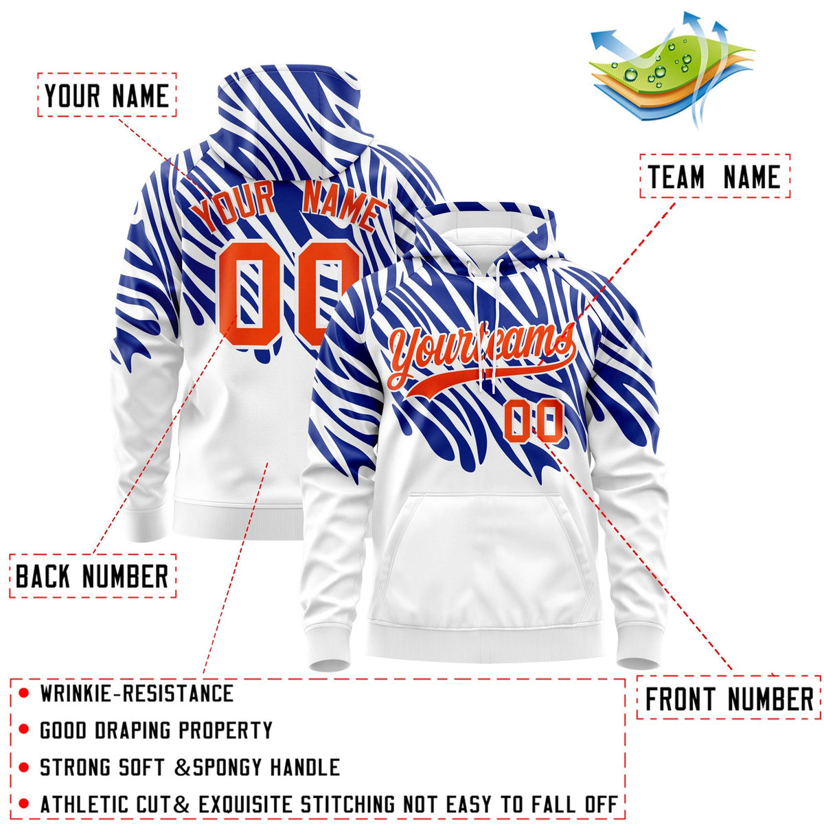 Custom Royal Blue White Orange Leopard Print Pullover Sweatshirt Hoodie| KXKSHOP
