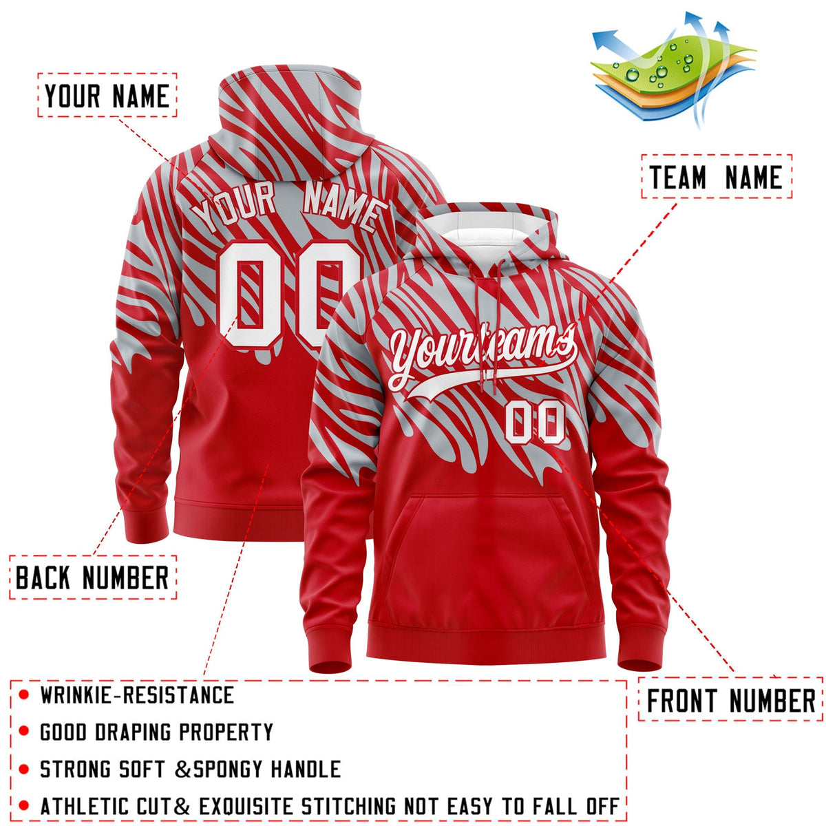 Custom Red Silver White Leopard Print Pullover Sweatshirt Hoodie| KXKSHOP