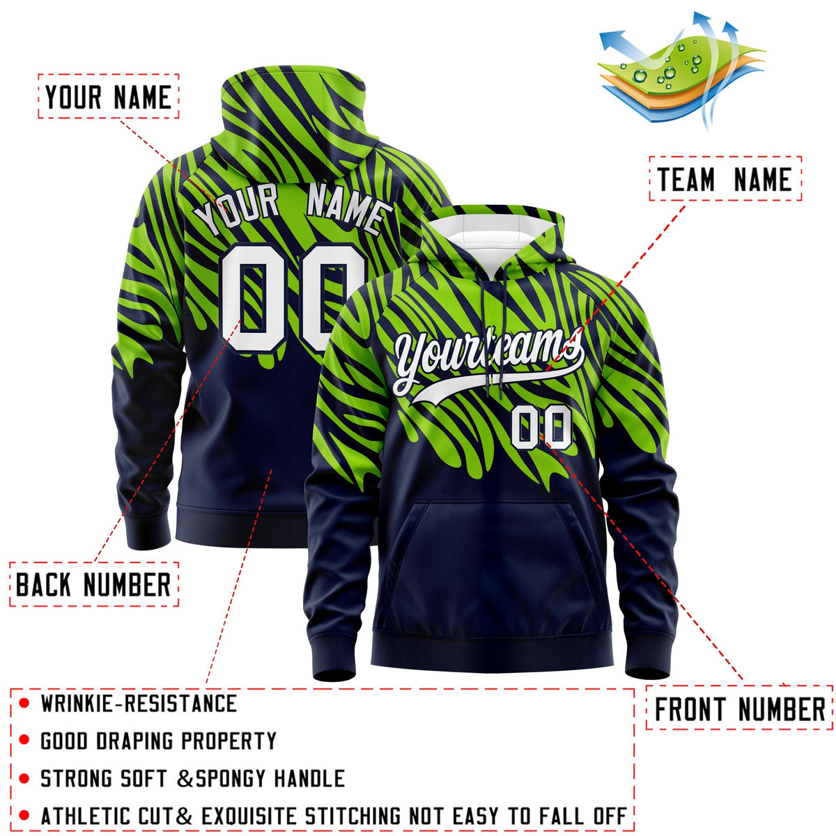 Custom Neon Green Navy Leopard Print Pullover Sweatshirt Hoodie| KXKSHOP
