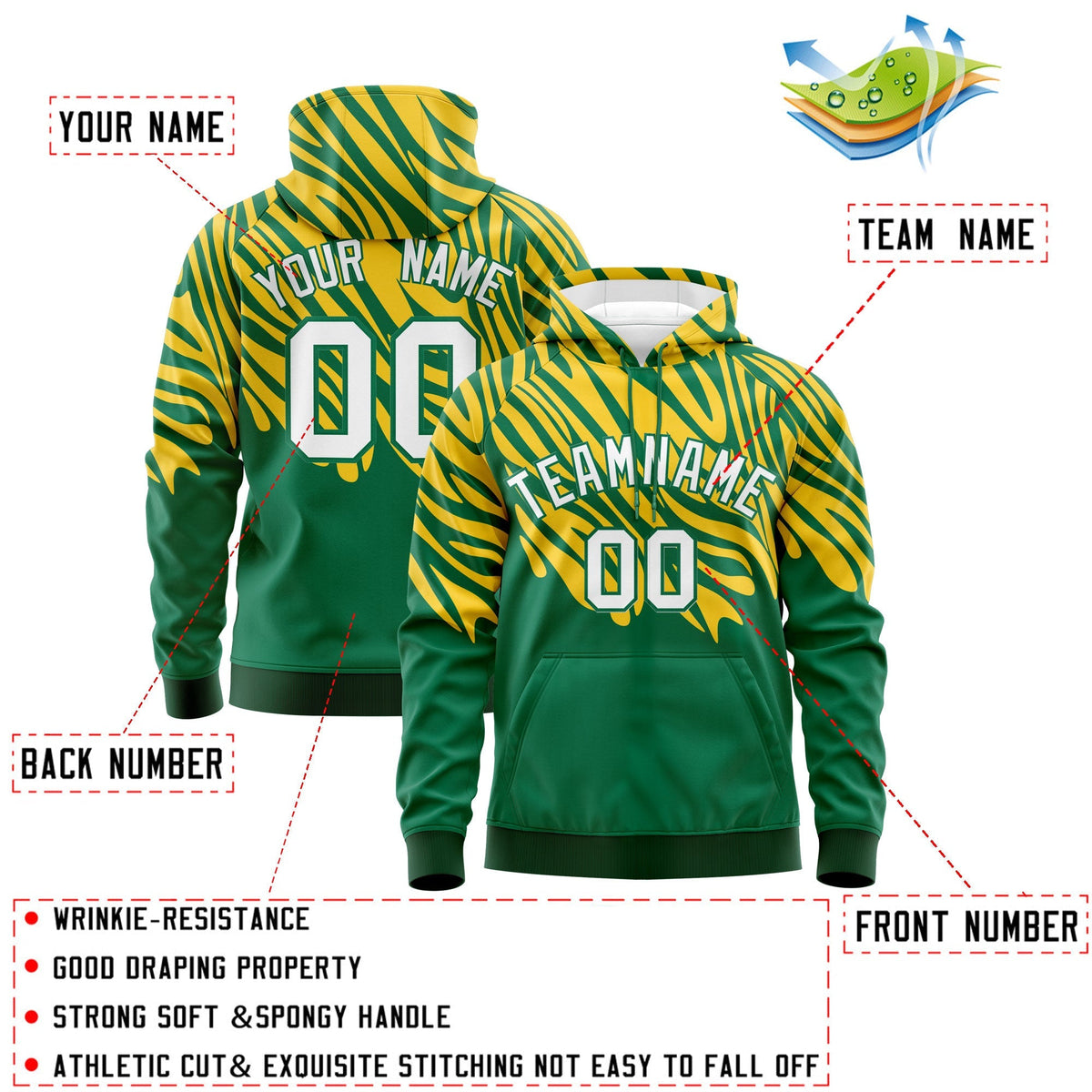 Custom Gold Kelly Green Leopard Print Pullover Sweatshirt Hoodie| KXKSHOP