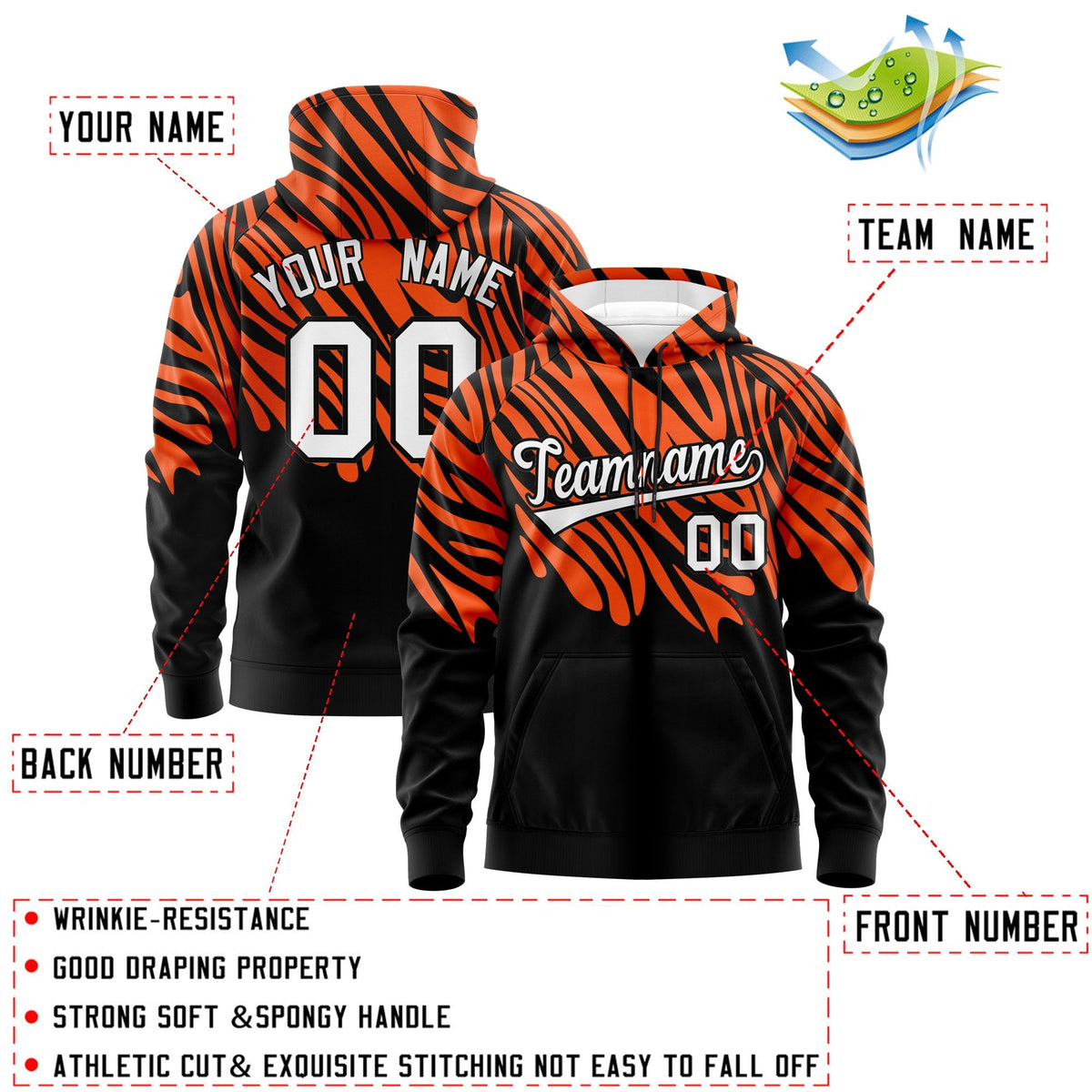 Custom Orange Black Leopard Print Pullover Sweatshirt Hoodie| KXKSHOP