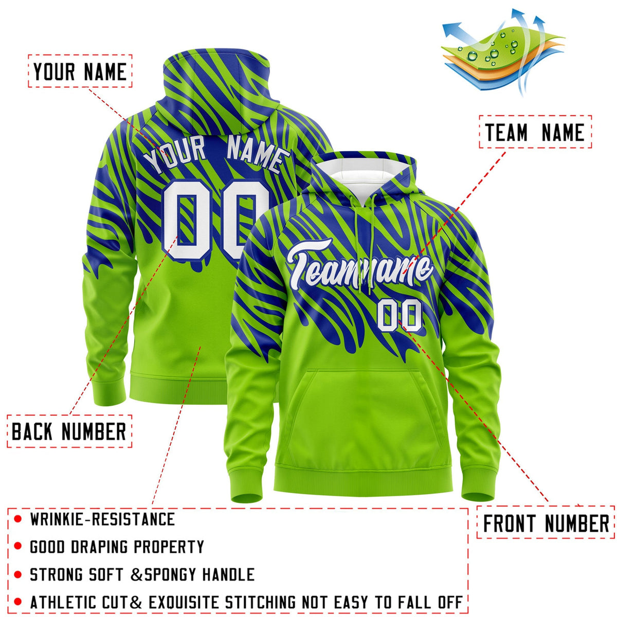 Custom Royal Blue Neon Green Leopard Print Pullover Sweatshirt Hoodie| KXKSHOP