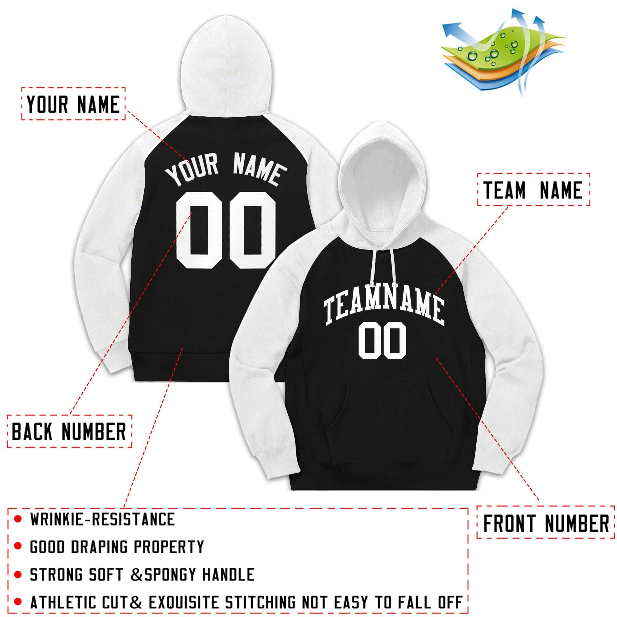 Custom Stitched Sportwear Black White Raglan Sleeves Pullover Hoodie| KXKSHOP