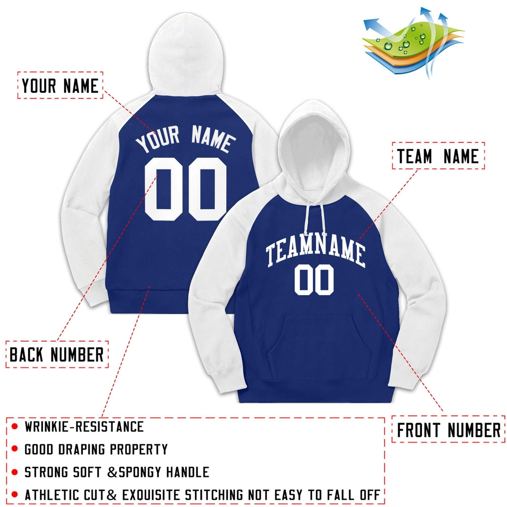 Custom Stitched Sportwear Royal White Raglan Sleeves Pullover Hoodie| KXKSHOP