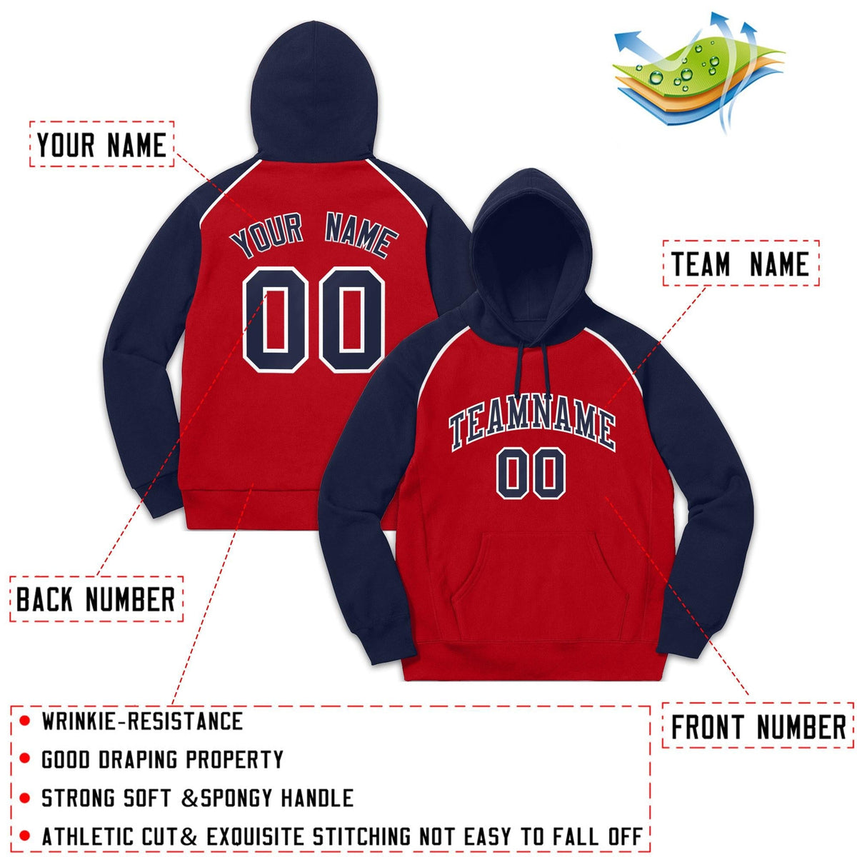 Custom Stitched Sportwear Red Navy-White Raglan Sleeves Pullover Hoodie| KXKSHOP