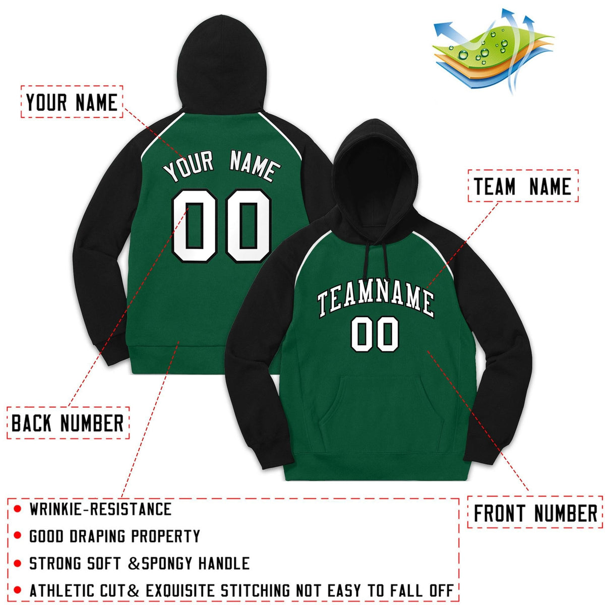Custom Stitched Sportwear Green White-Black Raglan Sleeves Pullover Hoodie| KXKSHOP