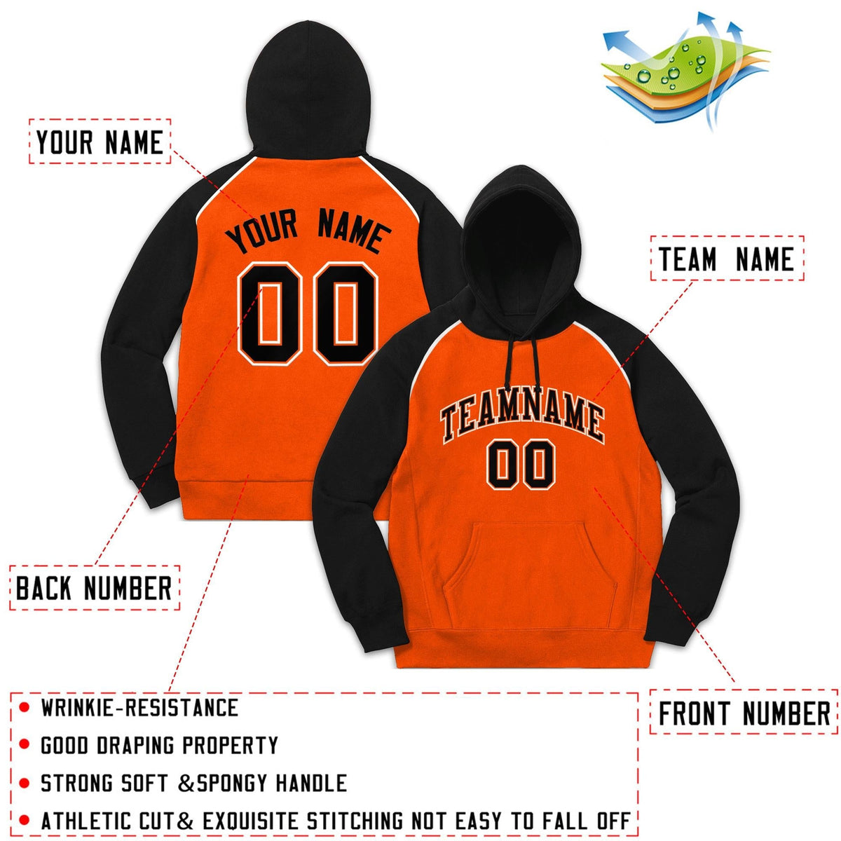 Custom Stitched Sportwear Orange Black-White Raglan Sleeves Pullover Hoodie| KXKSHOP