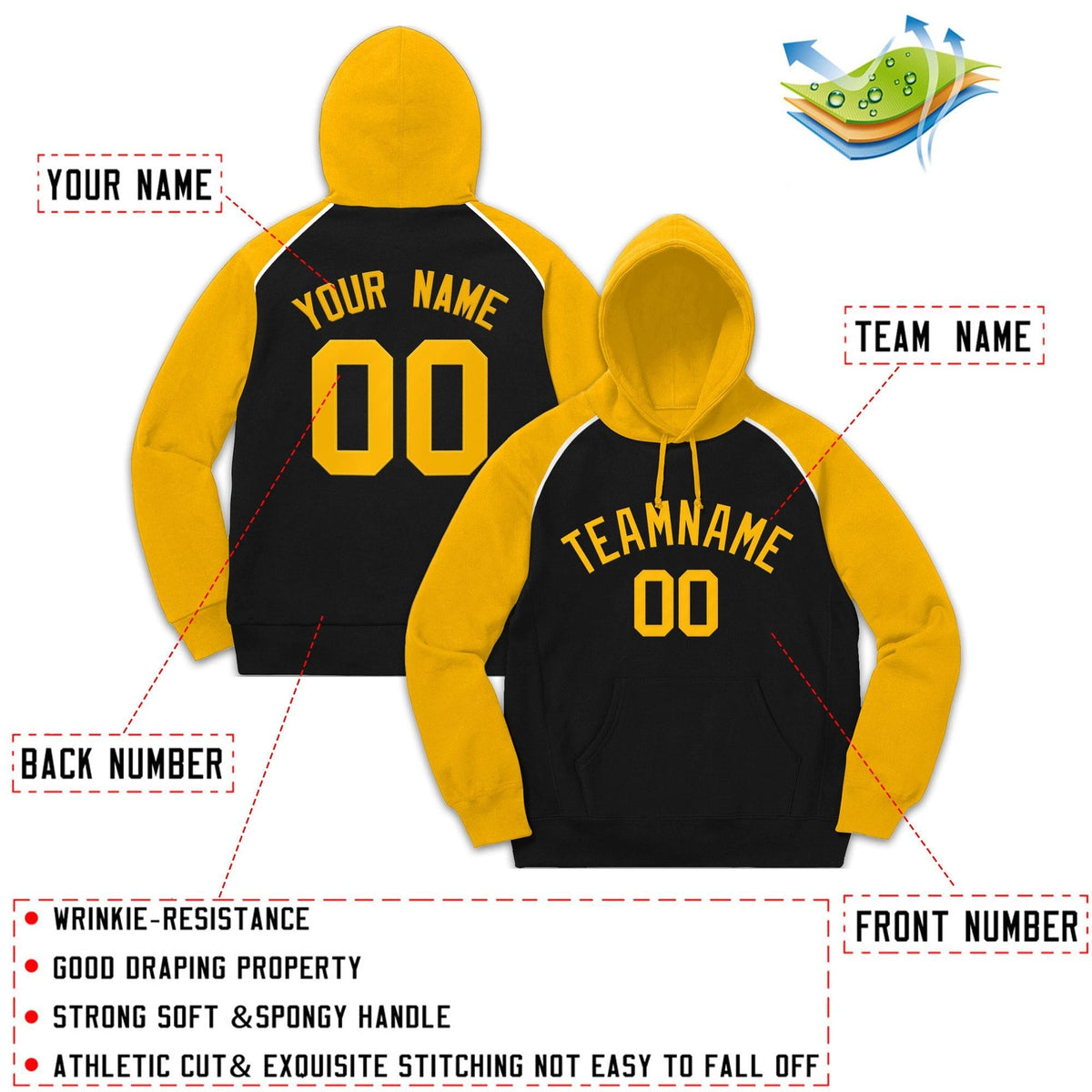 Custom Stitched Sportwear Black Gold Raglan Sleeves Pullover Hoodie| KXKSHOP