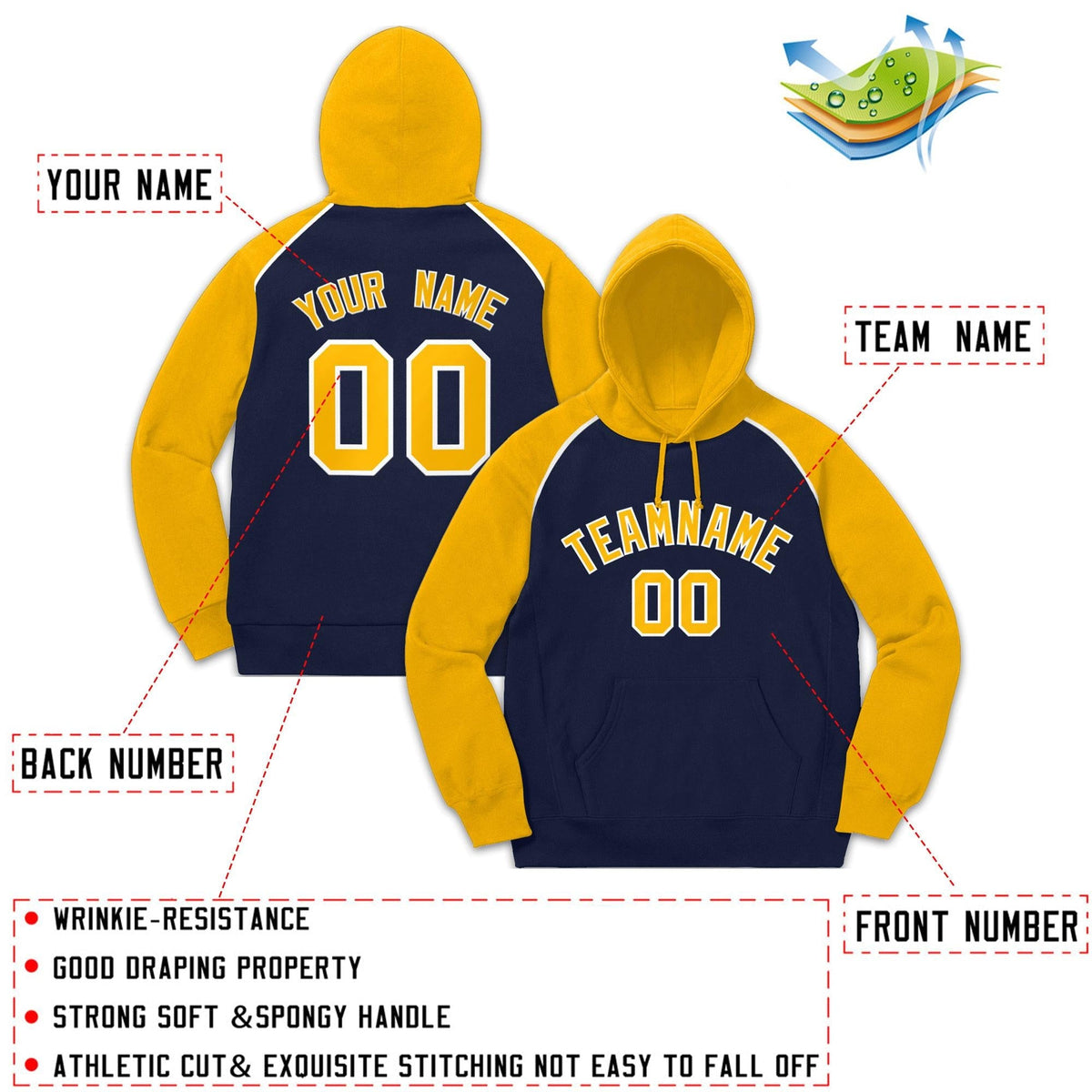 Custom Stitched Sportwear Navy Gold-White Raglan Sleeves Pullover Hoodie| KXKSHOP