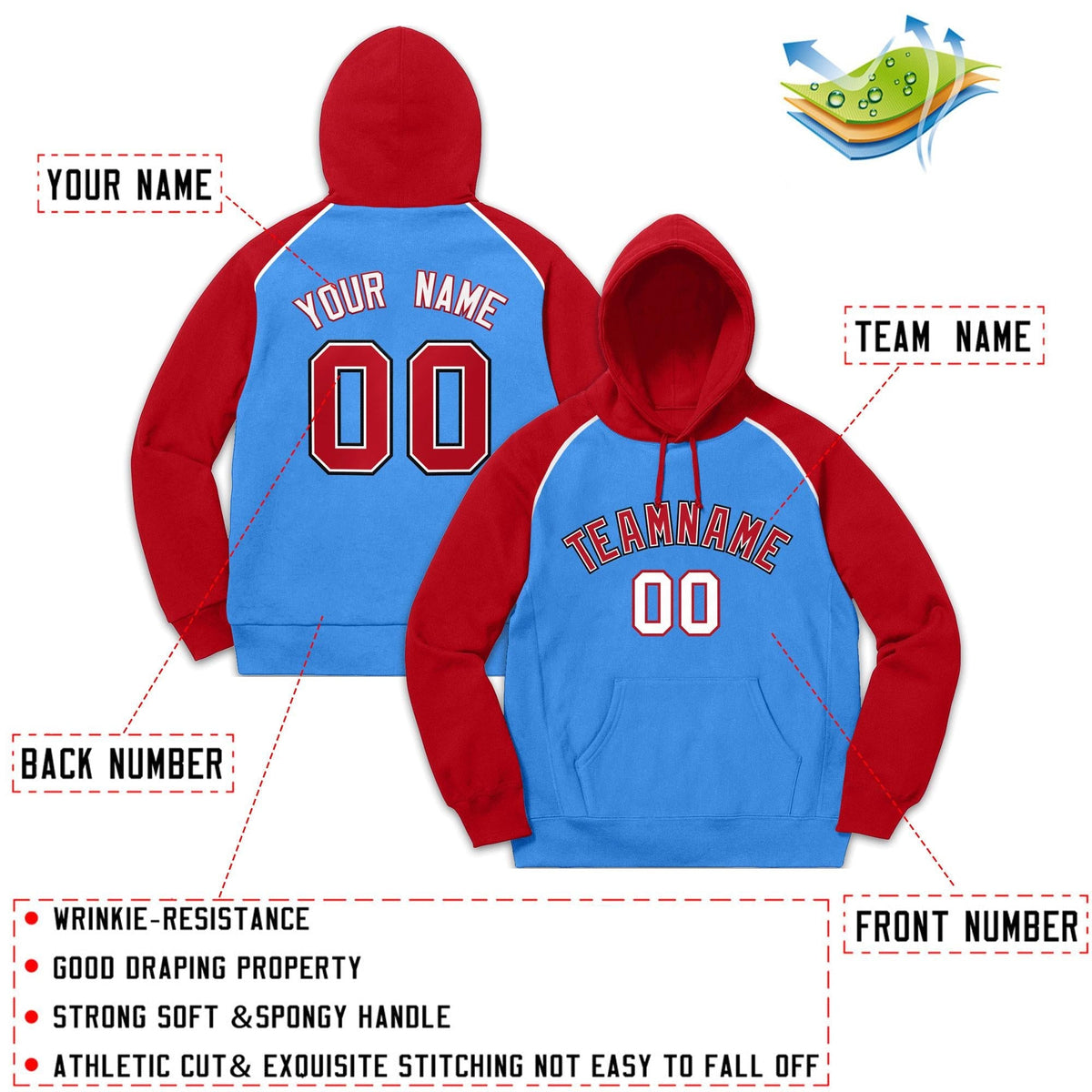 Custom Stitched Sportwear Powder Blue Red Raglan Sleeves Pullover Hoodie| KXKSHOP