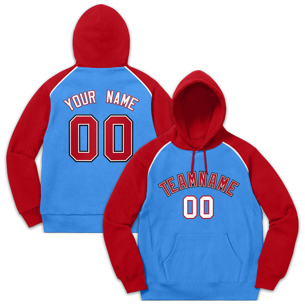 Custom Stitched Sportwear Powder Blue Red Raglan Sleeves Pullover Hoodie| KXKSHOP
