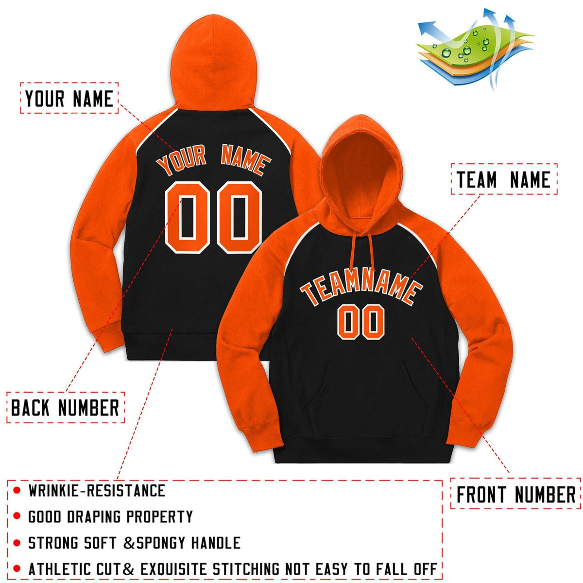 Custom Stitched Sportwear Black Orange-White Raglan Sleeves Pullover Hoodie| KXKSHOP