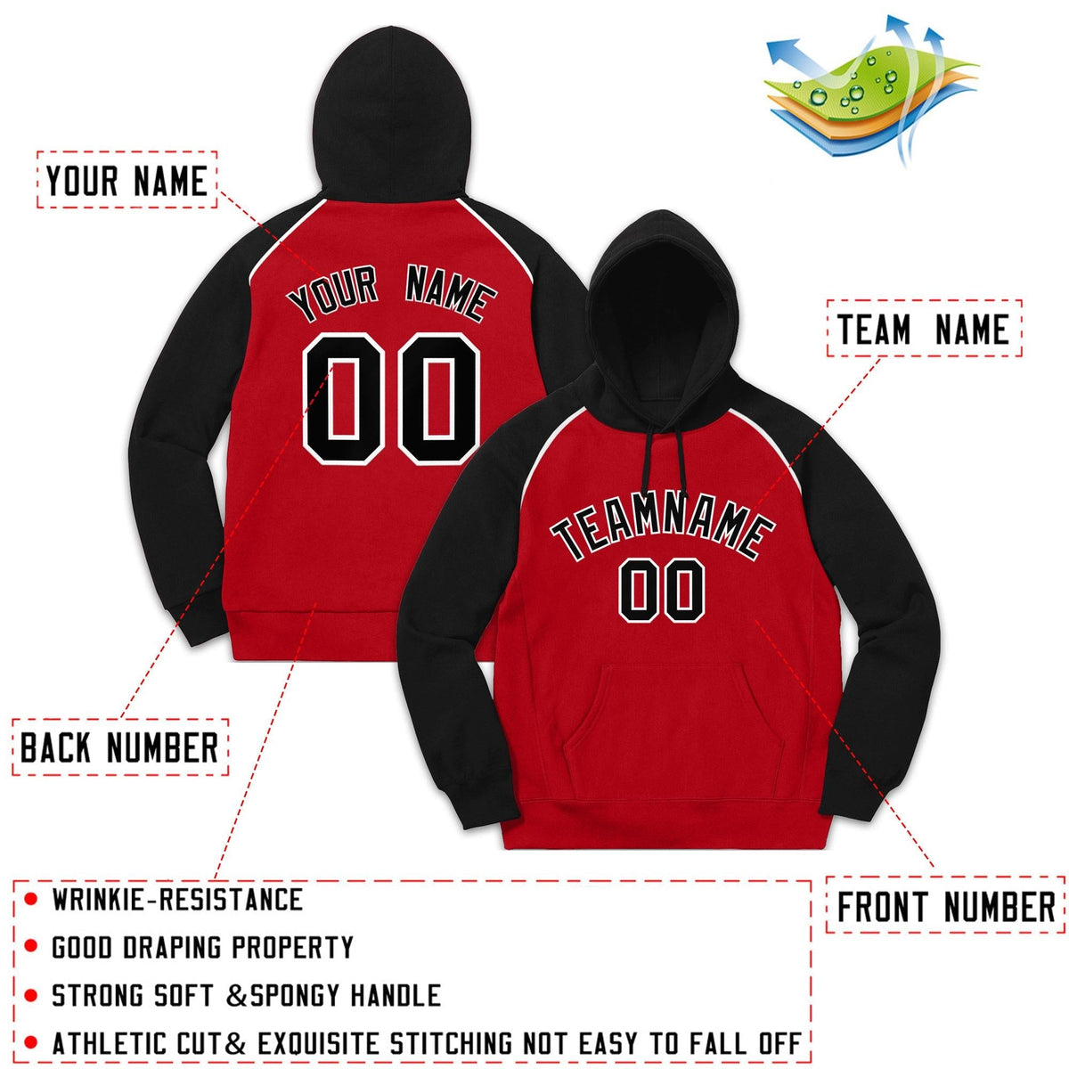Custom Stitched Sportwear Red Black-White Raglan Sleeves Pullover Hoodie| KXKSHOP