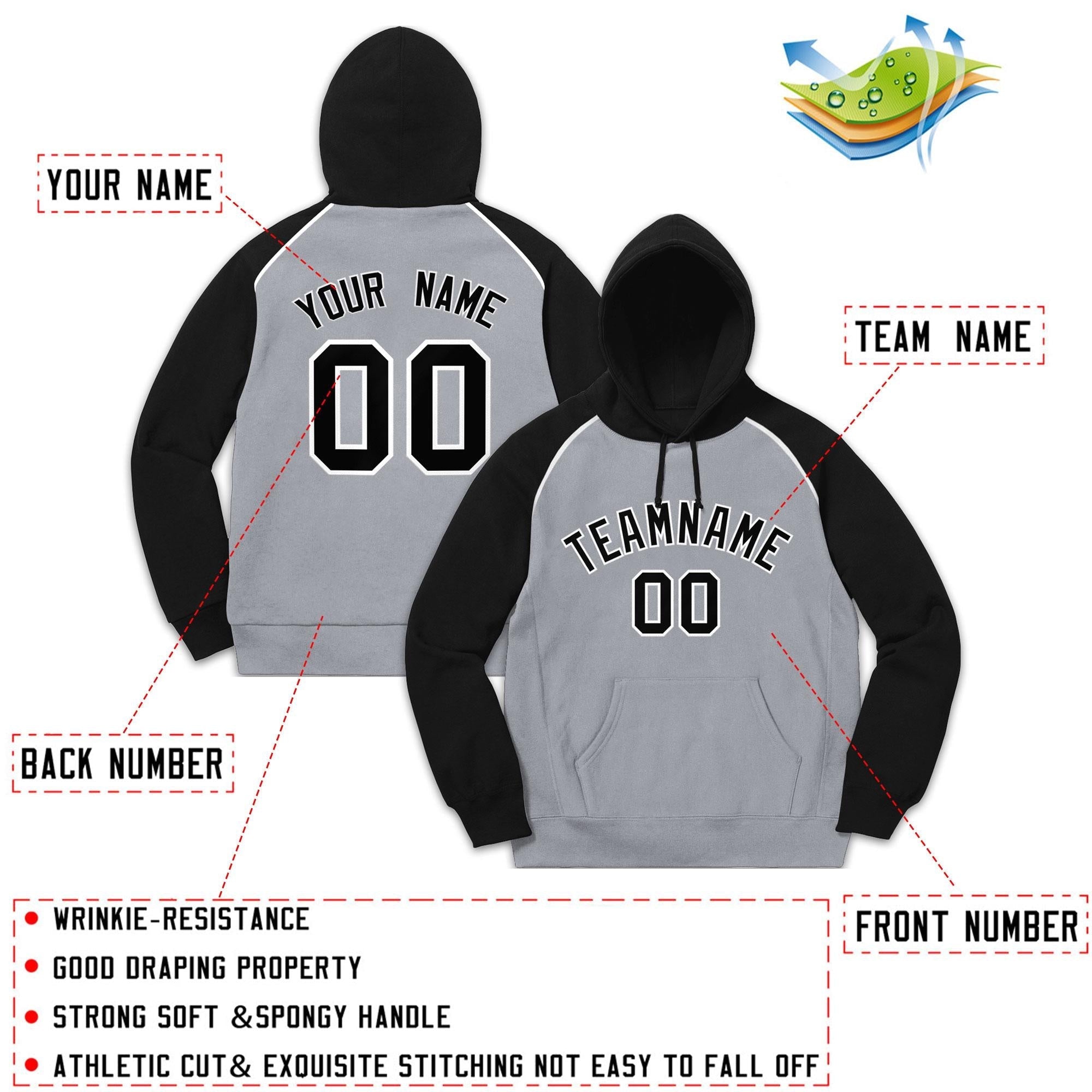 Custom Stitched Sportwear Gray Black-White Raglan Sleeves Pullover Hoodie| KXKSHOP