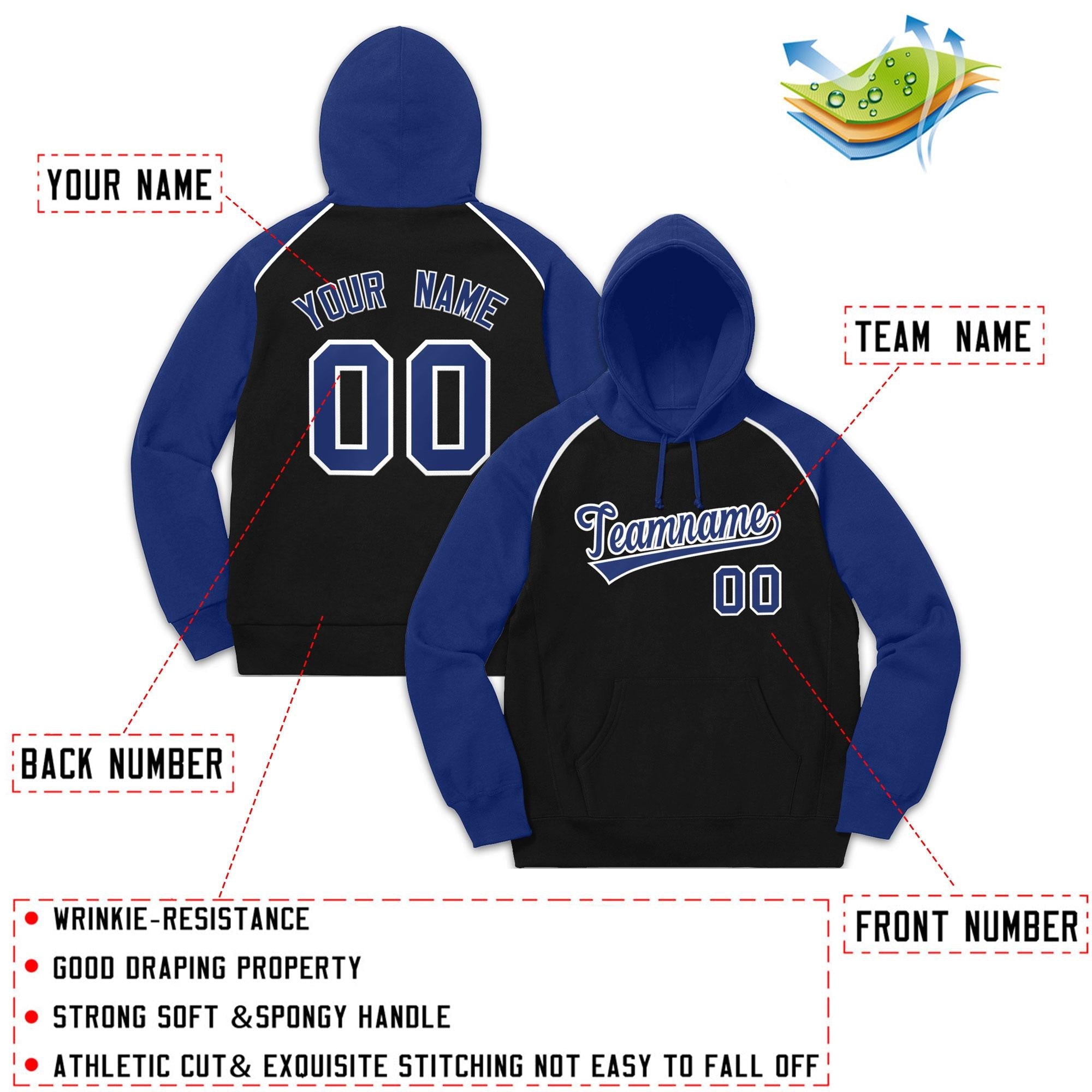 Custom Stitched Sportwear Black Royal-White Raglan Sleeves Pullover Hoodie| KXKSHOP