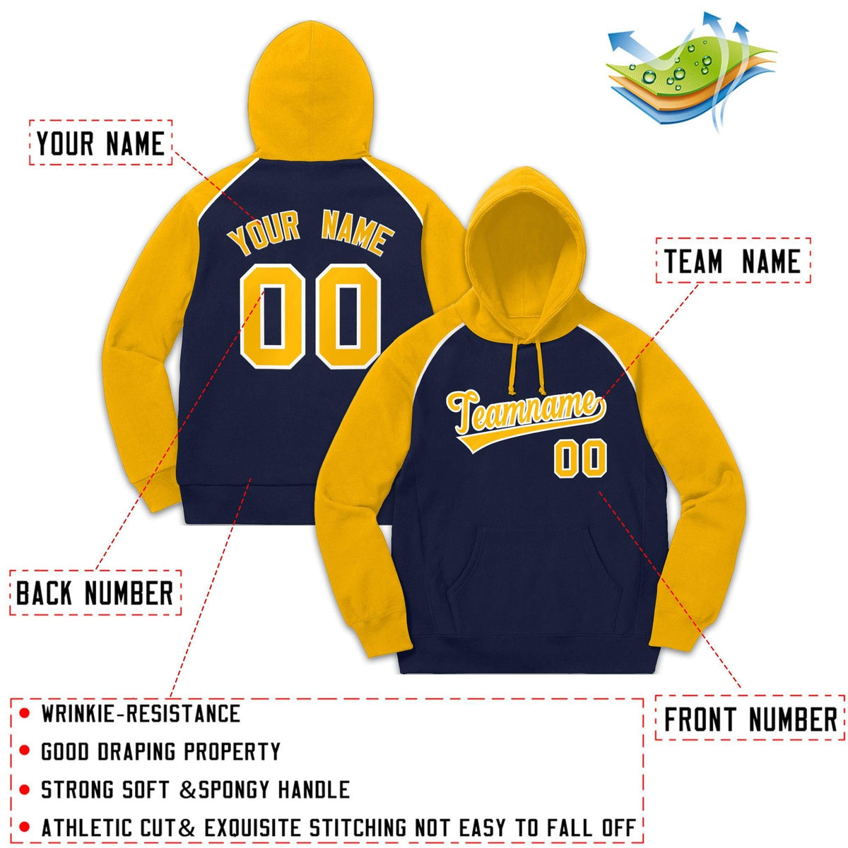 Custom Stitched Sportwear Navy Gold-White Raglan Sleeves Pullover Hoodie| KXKSHOP
