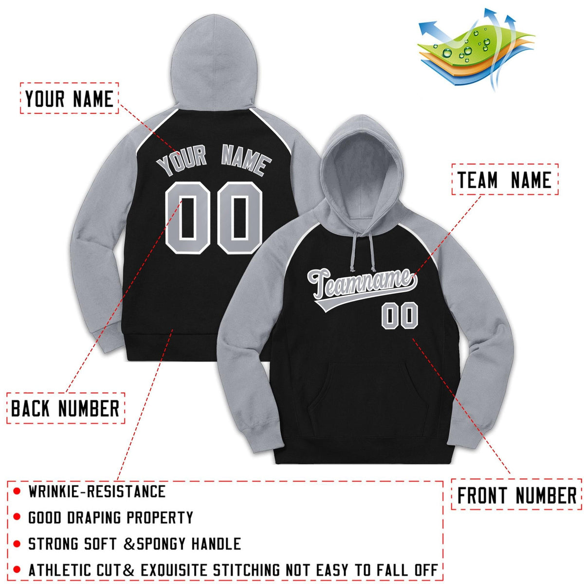 Custom Stitched Sportwear Black Gray-White Raglan Sleeves Pullover Hoodie| KXKSHOP