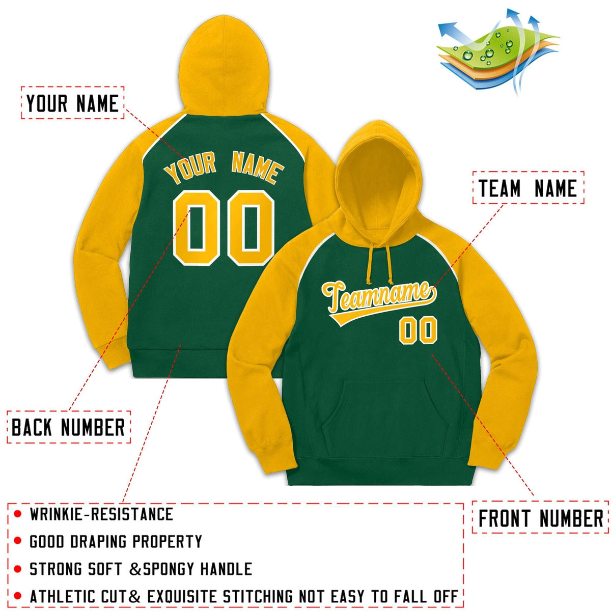 Custom Stitched Sportwear Green Gold-White Raglan Sleeves Pullover Hoodie| KXKSHOP