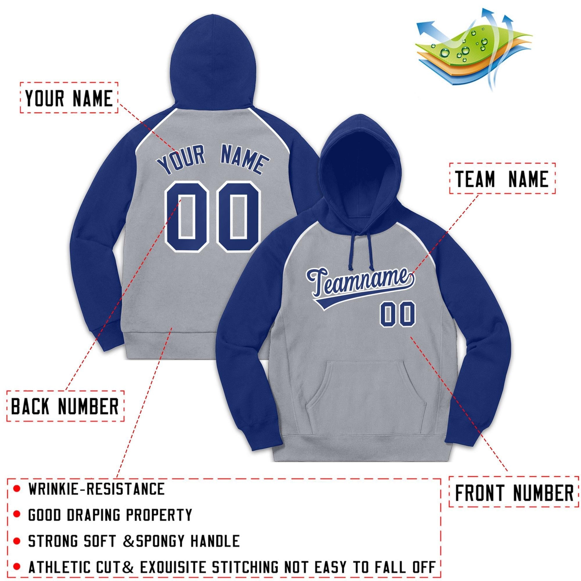 Custom Stitched Sportwear Gray Royal-White Raglan Sleeves Pullover Hoodie| KXKSHOP