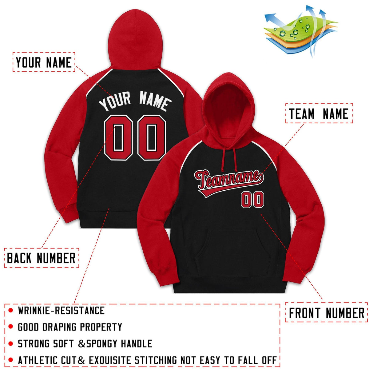 Custom Stitched Sportwear Black Red-White Raglan Sleeves Pullover Hoodie| KXKSHOP