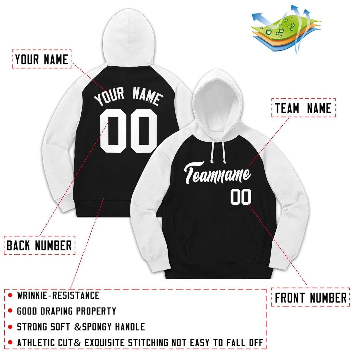 Custom Stitched Sportwear Black White Raglan Sleeves Pullover Hoodie| KXKSHOP