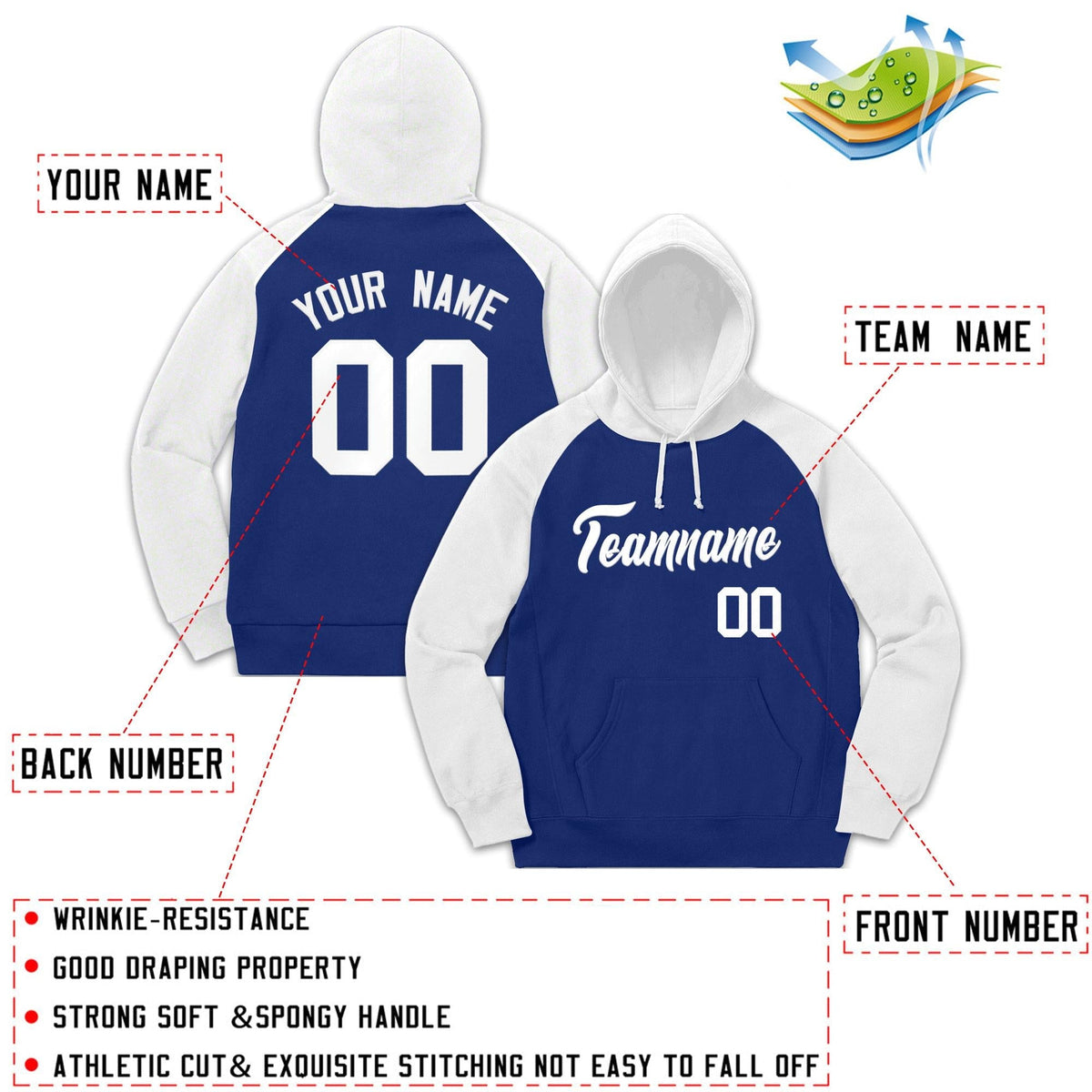 Custom Stitched Sportwear Royal White Raglan Sleeves Pullover Hoodie| KXKSHOP