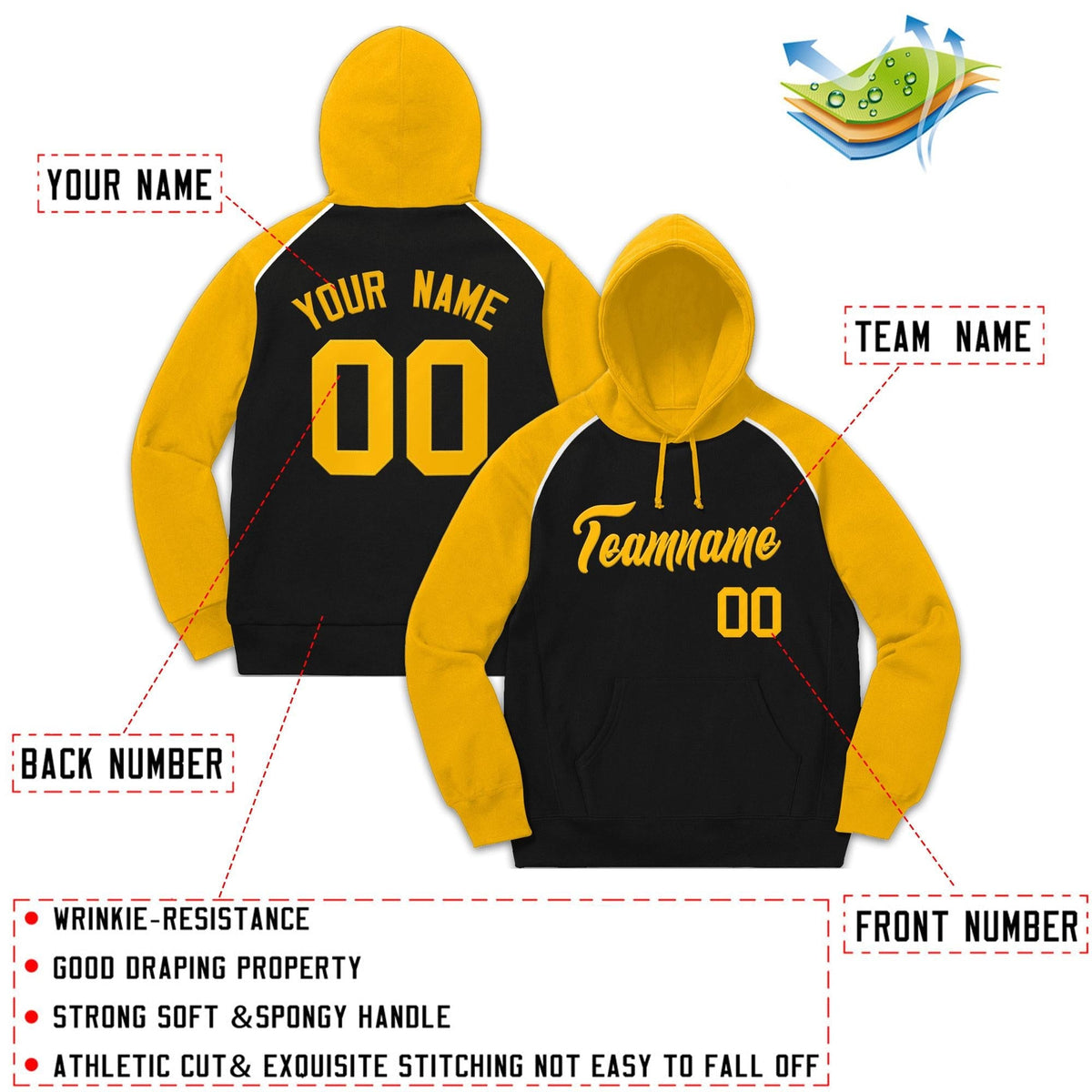 Custom Stitched Sportwear Black Gold Raglan Sleeves Pullover Hoodie| KXKSHOP