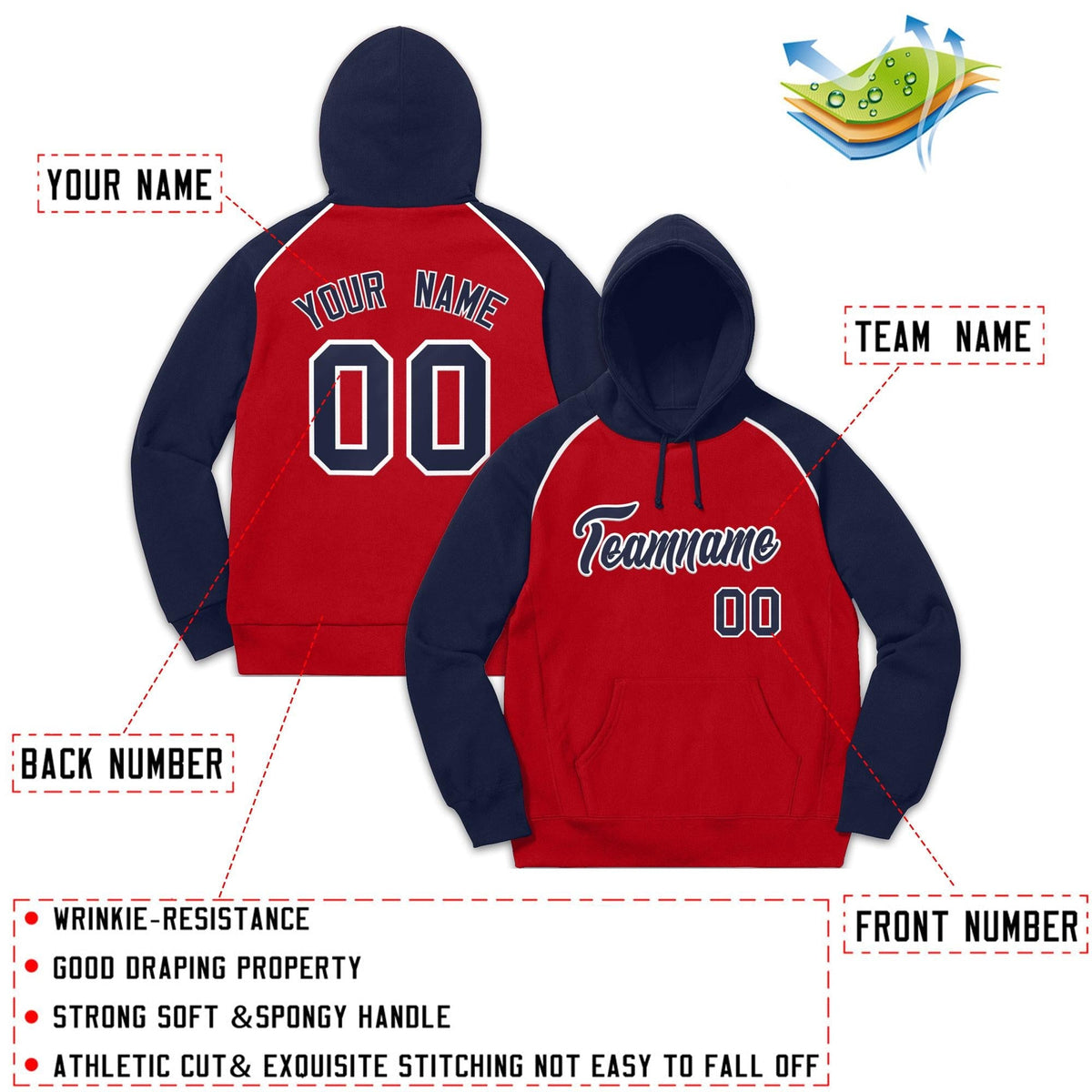 Custom Stitched Sportwear Red Navy-White Raglan Sleeves Pullover Hoodie| KXKSHOP