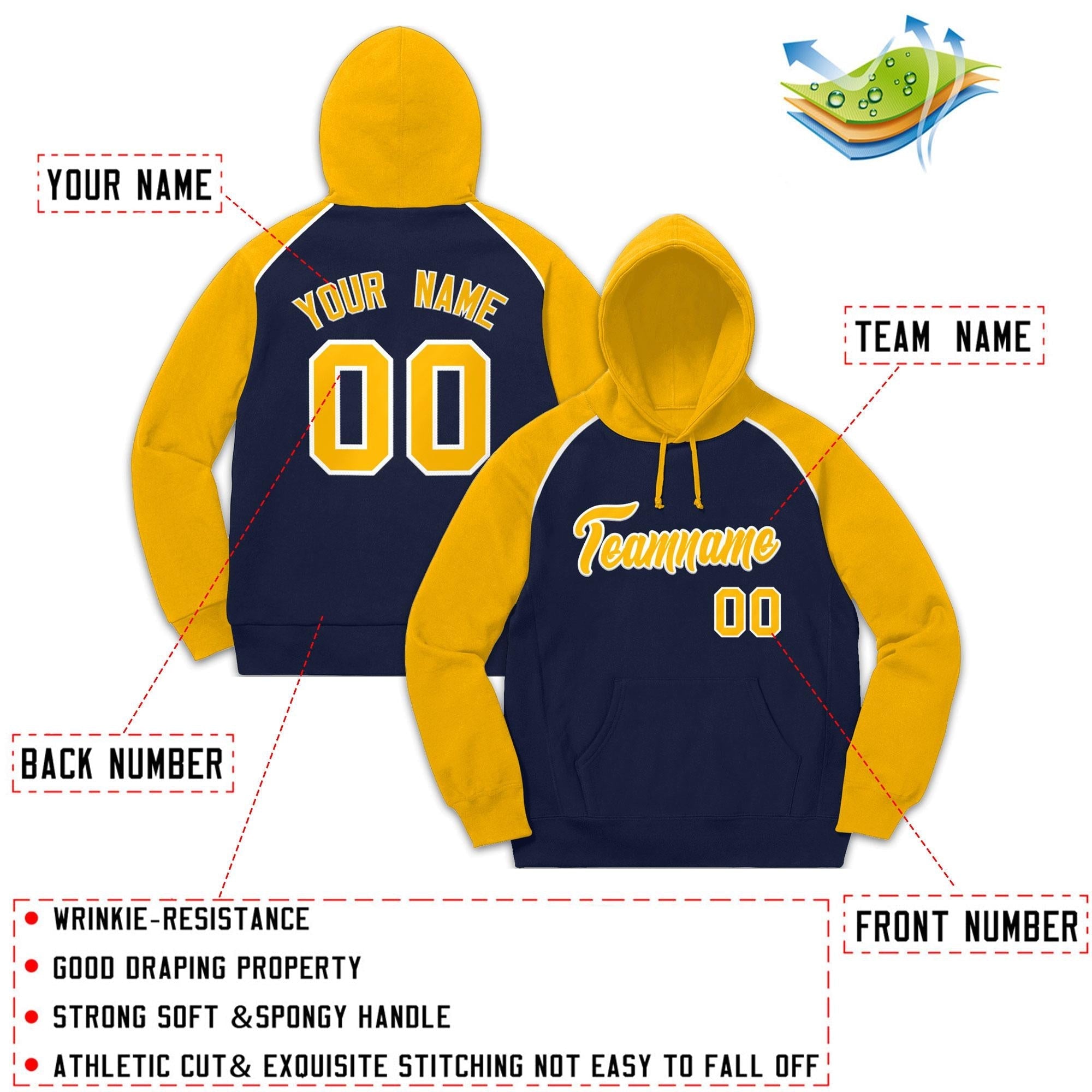 Custom Stitched Sportwear Navy Gold-White Raglan Sleeves Pullover Hoodie| KXKSHOP