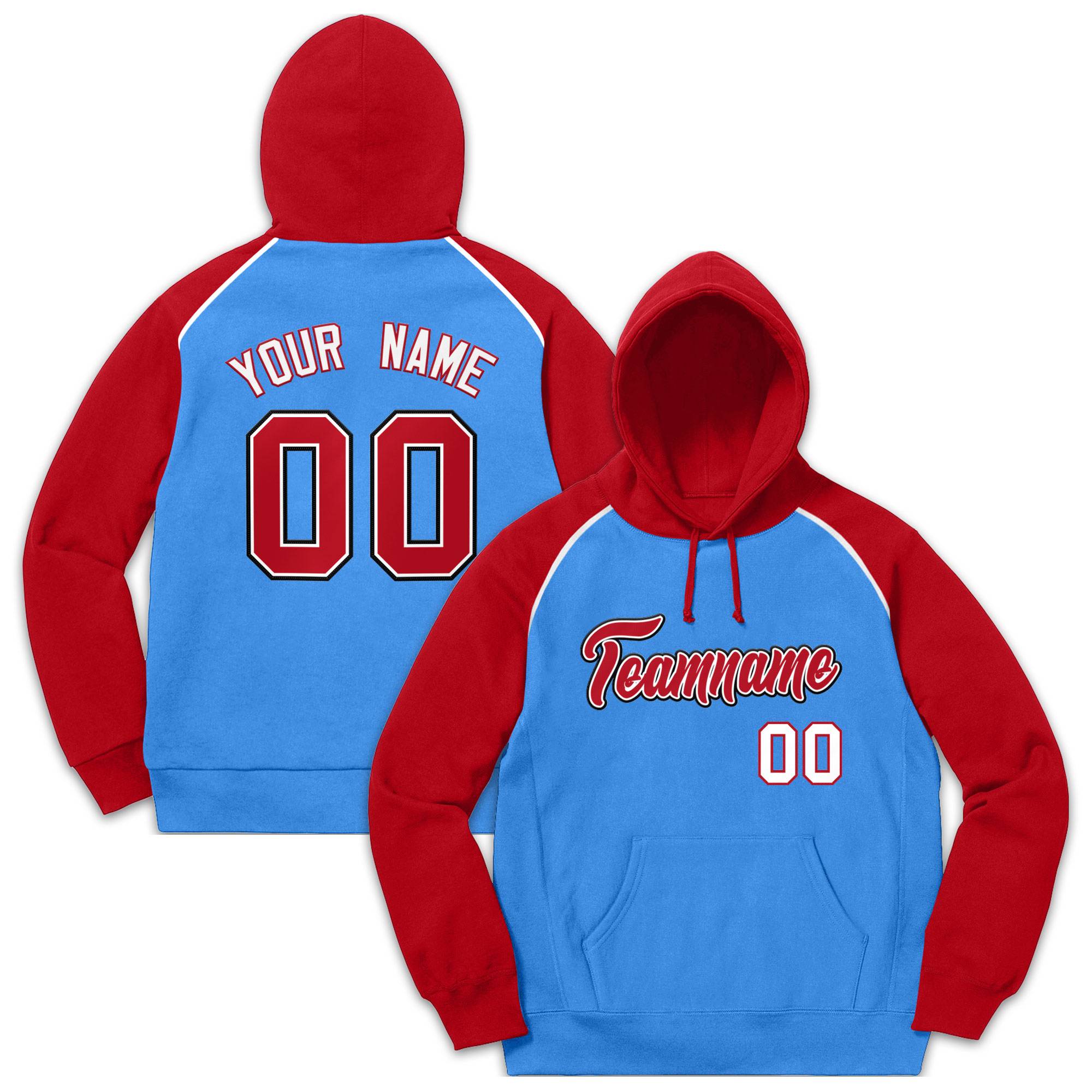 Custom Stitched Sportwear Powder Blue Red Raglan Sleeves Pullover Hoodie| KXKSHOP