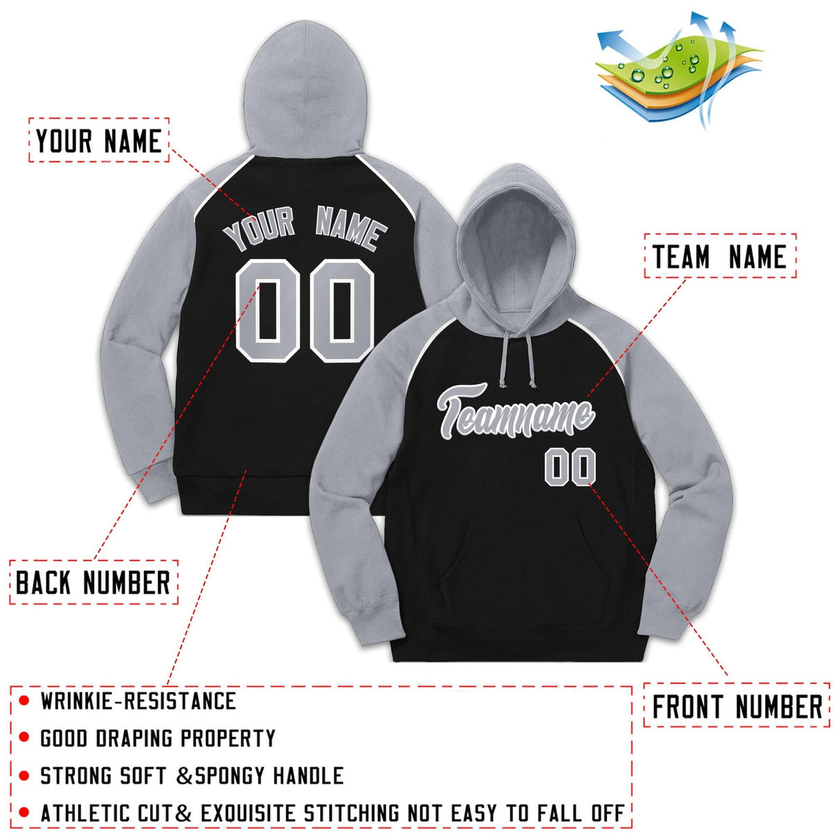 Custom Stitched Sportwear Black Gray-White Raglan Sleeves Pullover Hoodie| KXKSHOP