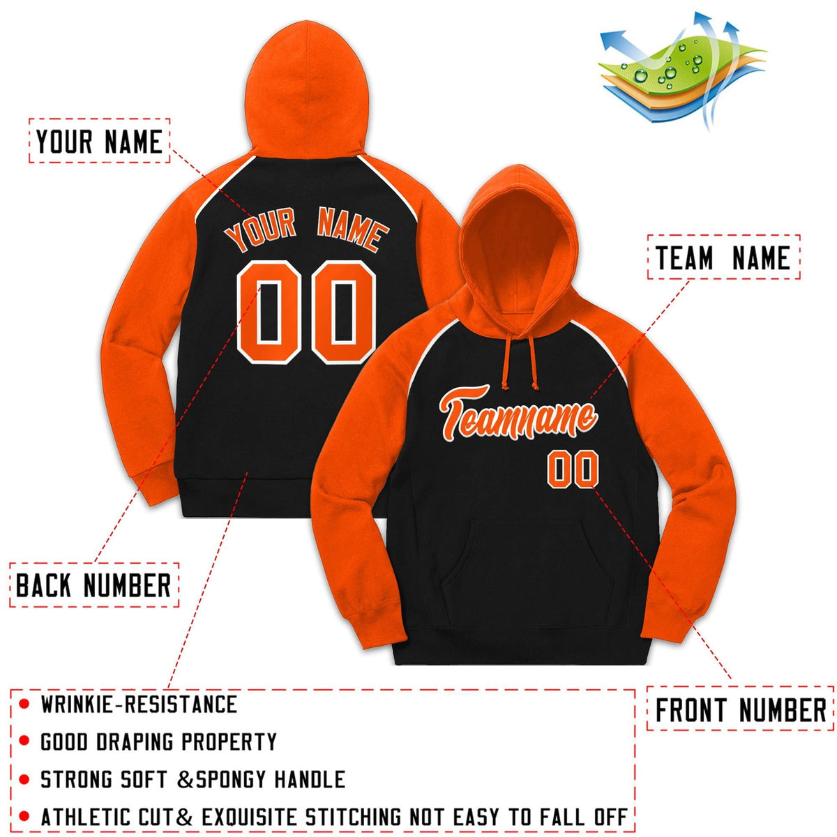 Custom Stitched Sportwear Black Orange-White Raglan Sleeves Pullover Hoodie| KXKSHOP
